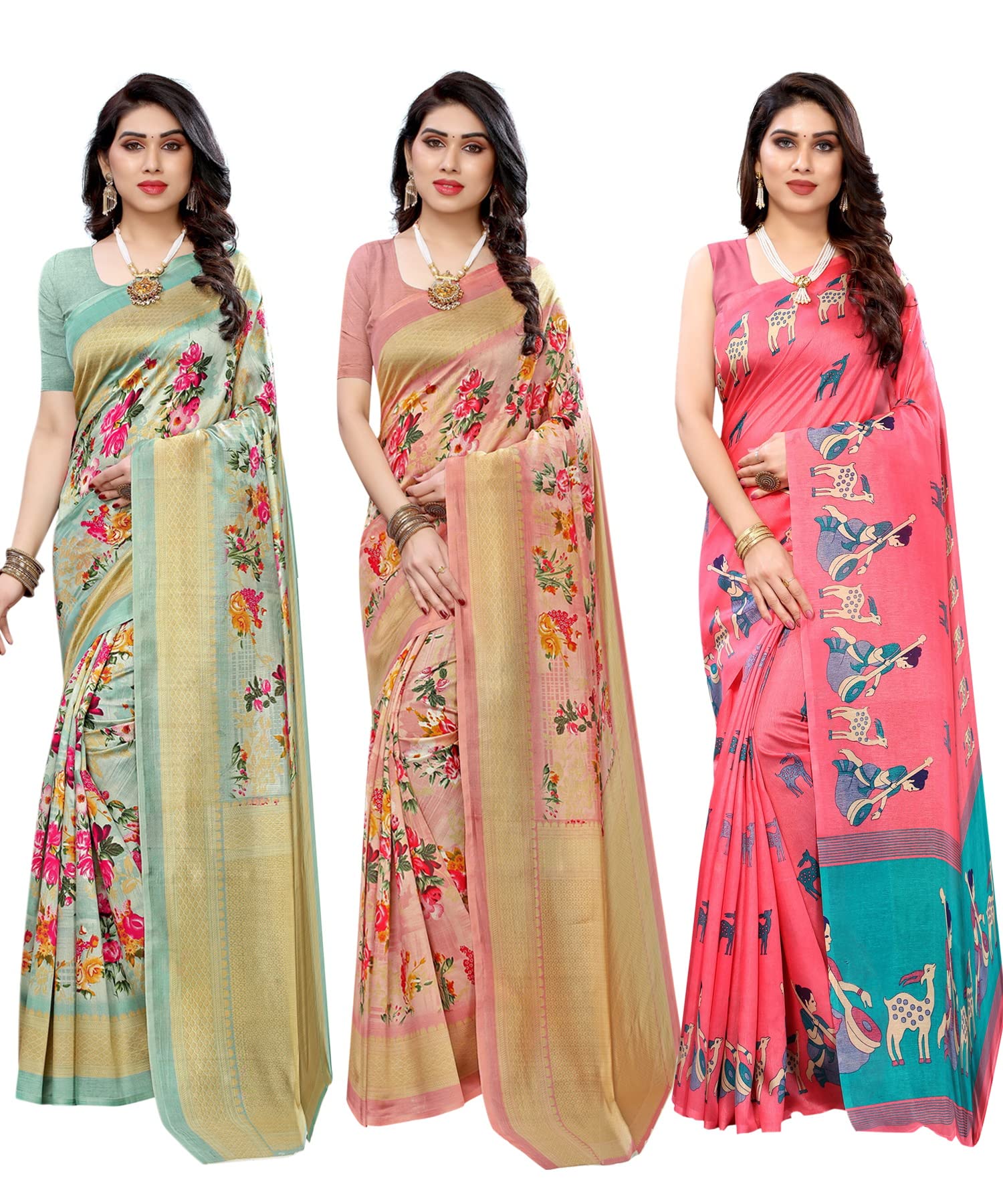 Yashika Sari da donna in seta con blusa, confezione da 3