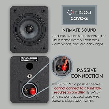 Micca COVO-S Compact 2-Way Passive Bookshelf Speakers, Stereo Pair, Black | Not for Turntable, Amplifier Required, 3-Inch Wool-Fiber Woofer, 0.75-Inch PEI Tweeter, Home Theater Surround, Wall Mountable