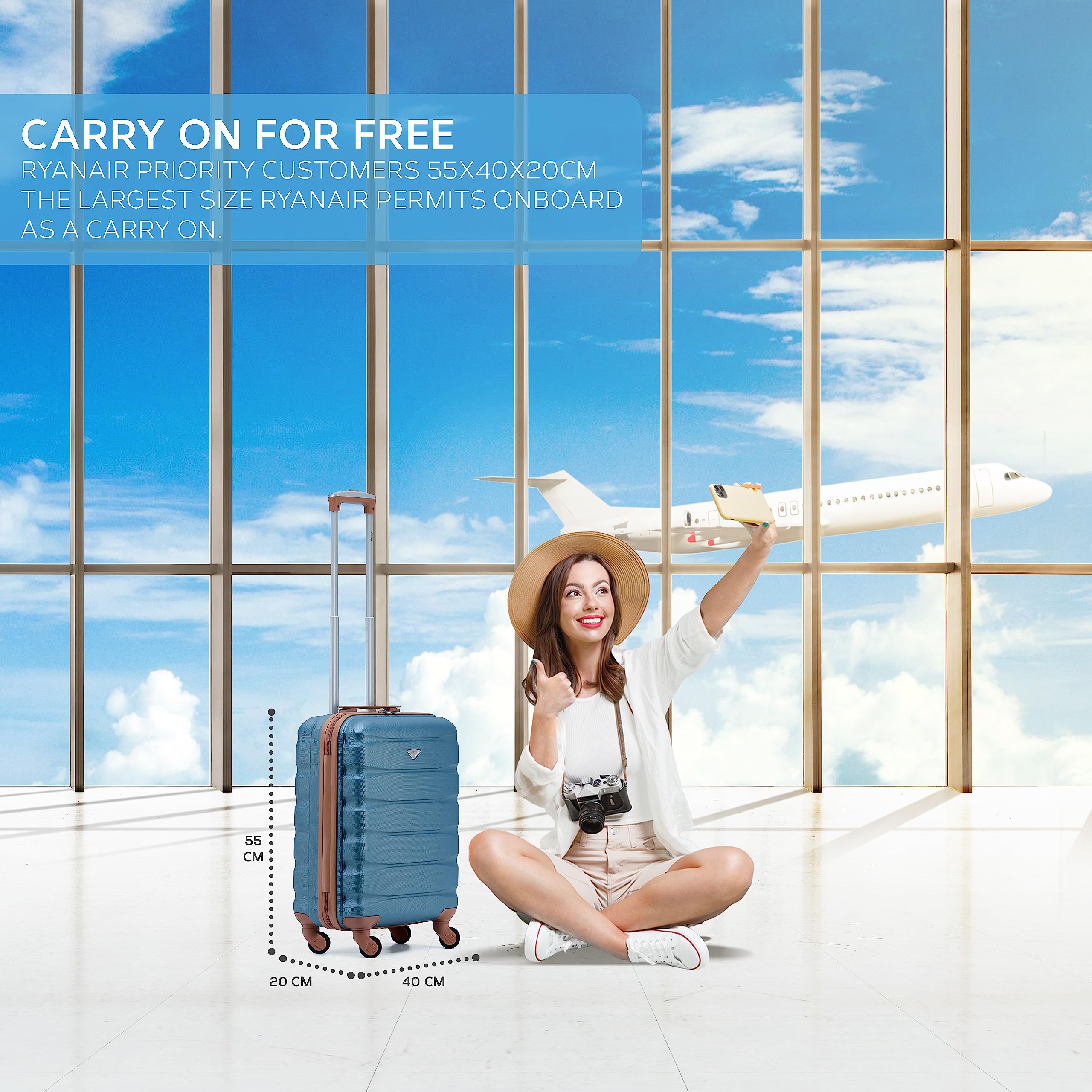 Flight Knight 55x40x20 Ryanair Priority Cabin Suitcase, Also for EasyJet, Jet2, Lightweight,ABS Hard Shell, Durable 4-Wheel Cabin Case, Carry-On Size 10kg Hand Luggage, Travel Bag- 55 x 40 x 20