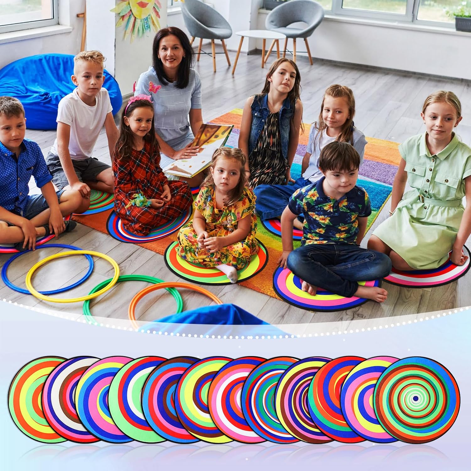 Duraaamo 12 Pcs Rainbow Crazy Carpet Circle Seats, 16" Round Classroom Rugs for Kids, Soft Coral Fleece, Colorful, Unisex, Classic Style