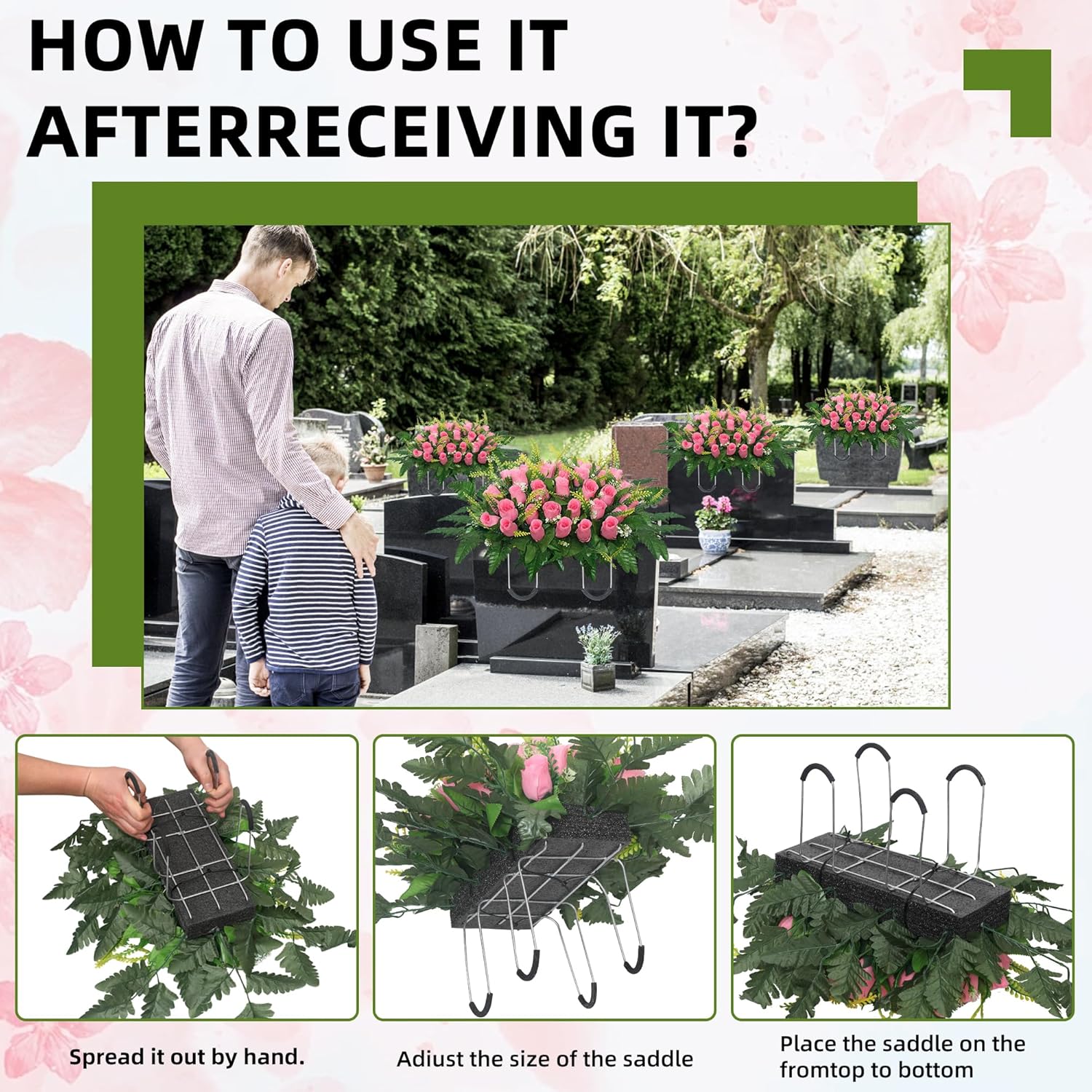 Cemetery Headstone Flower Saddle,Cemetery Tombstone Flower Saddle,Outdoor Grave Saddle Headstone Decorations,Cemetery Memorial Flowers for Outdoor Gravesite Tombstone Decorations (Pink)