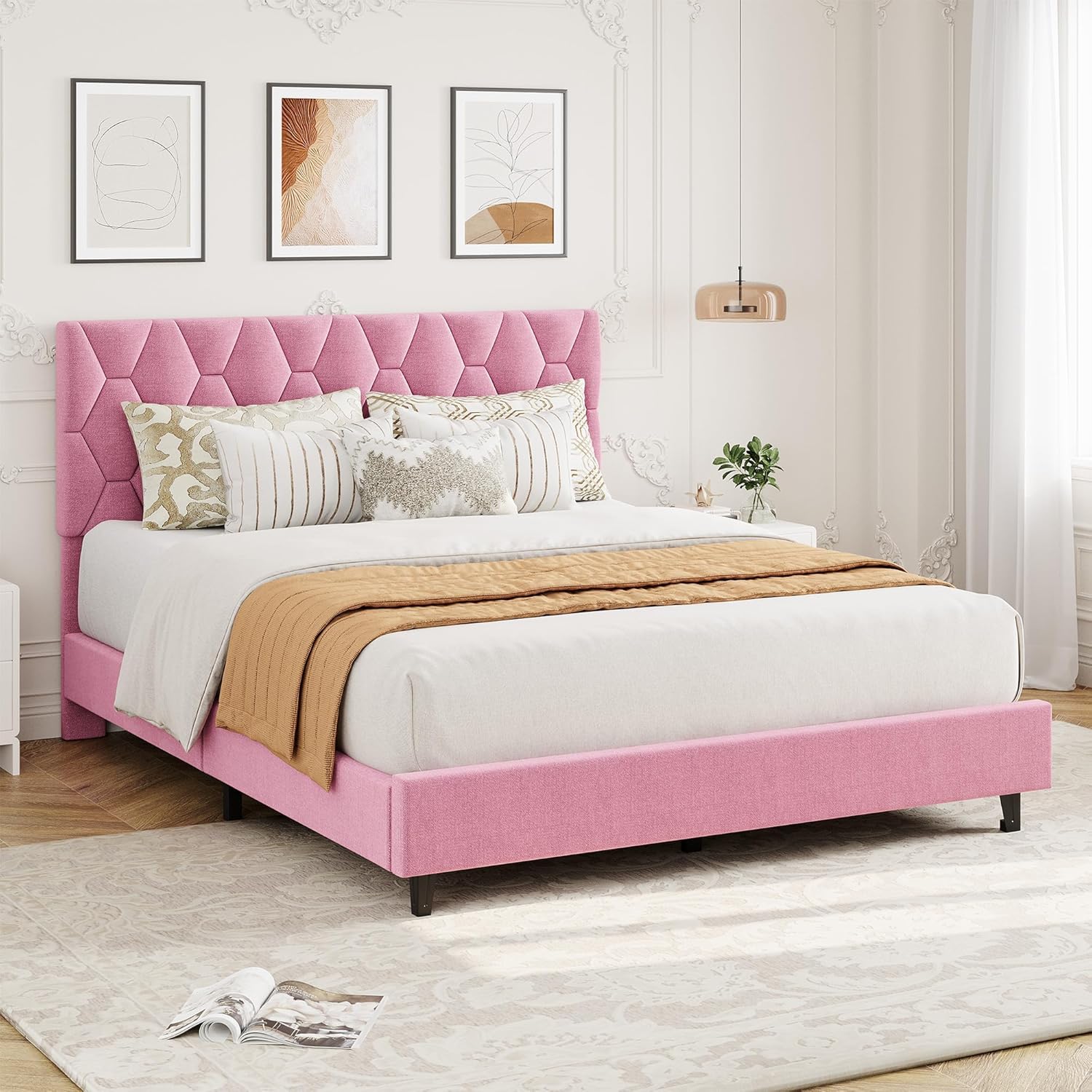 IDEALHOUSE Queen Bed Frame, Pink Velvet Upholstered Platform Bed Frame with Tufted Headboard, Noise Free Wooden Slats Mattress Foundation, No Box Spring Needed, Easy Assembly