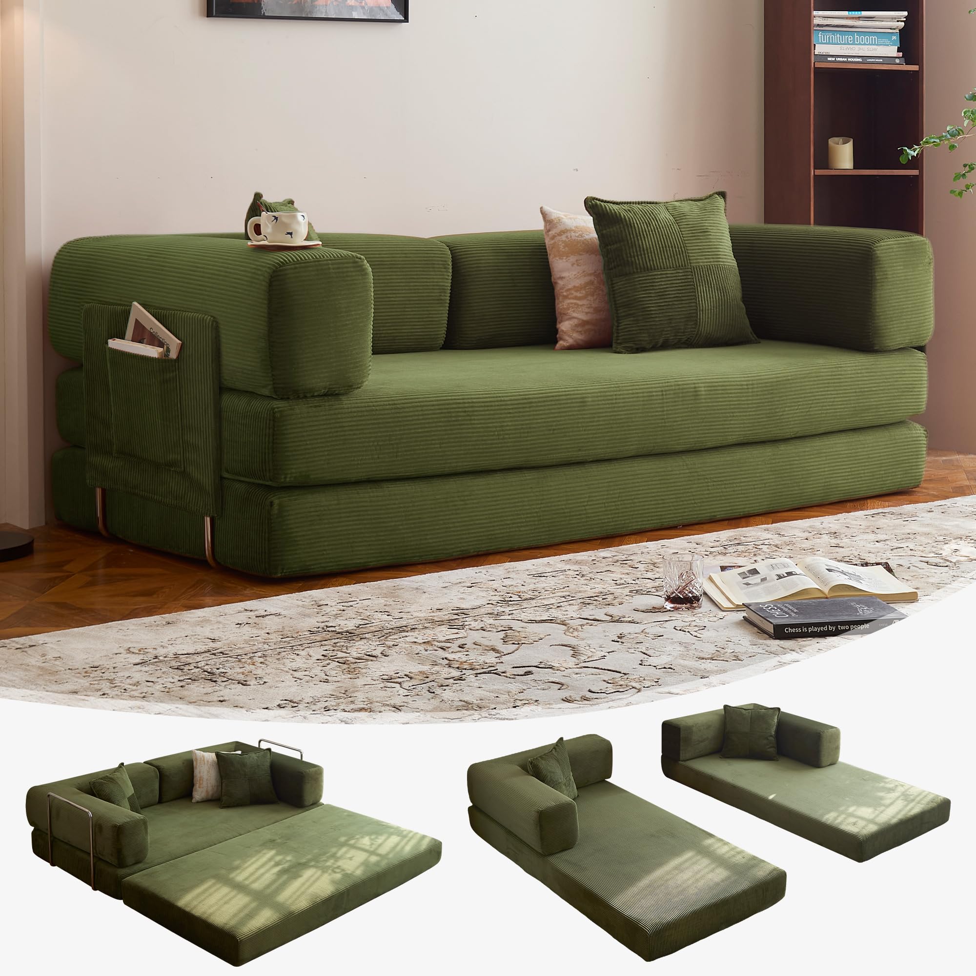 78.8" Convertible Sofa Bed - Compression Sofa with Corduroy Fabric - with Armrests and Backrest - Modular Sectional for Living Room, Bedroom, Studio - Compression Sofa in Box (Grey): 78.8IN Green