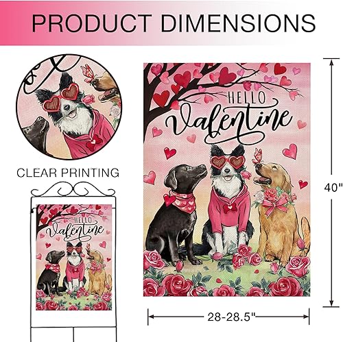 Miniatura 2 de Bandera de casa de perro con texto en inglés "Hello Valentine", diseño de árbol de corazón de amor rosa rojo y rosa con texto en inglés "Hello
