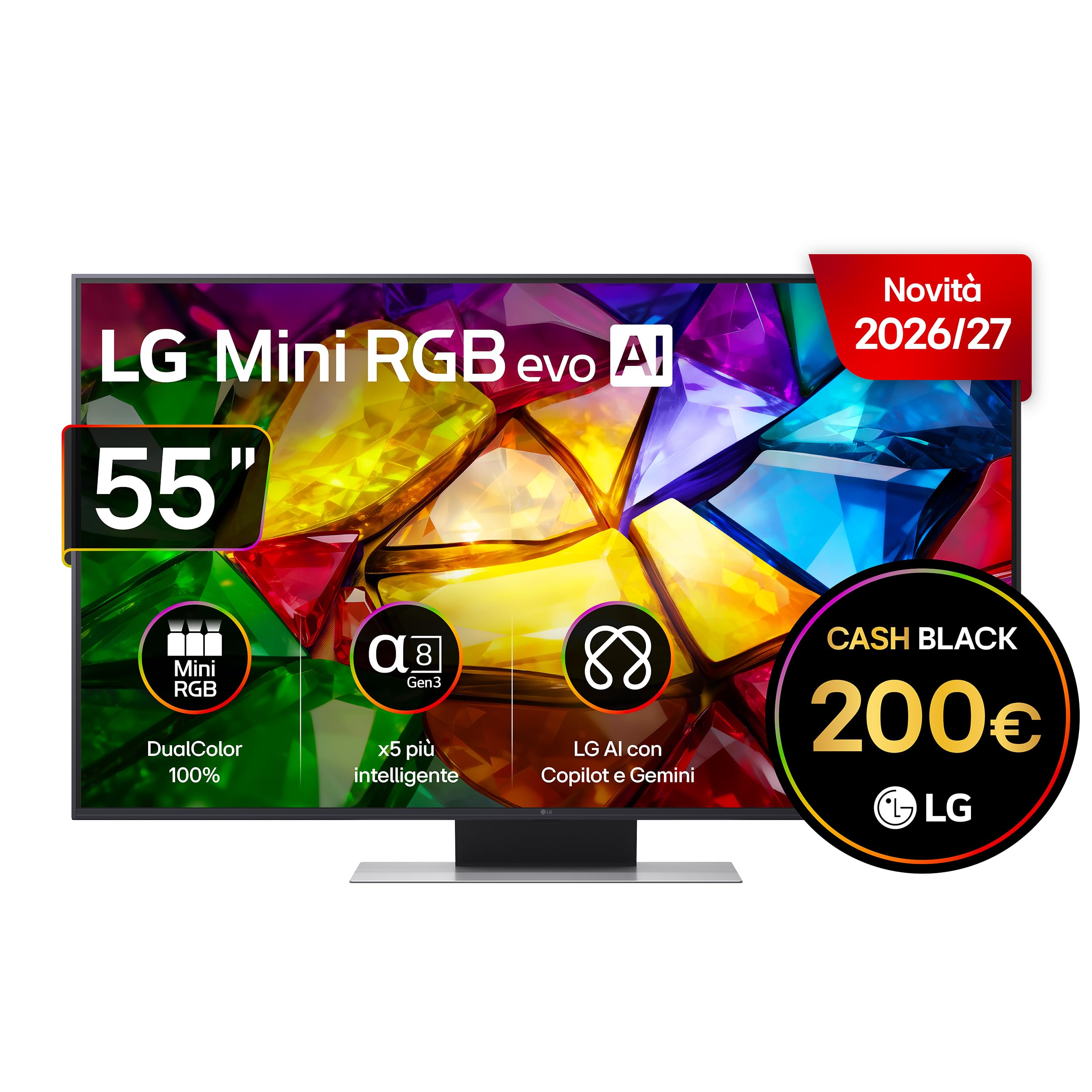 LG Mini RGB 55 pollici Serie MRGB87 55MRGB87B6B, Smart TV 4K, RGB Primary Color Pro, DualColor 100% DCI-P3/Adobe RGB, Dolby Vision & Atmos, webOS con Gemini e Copilot, Motion Booster 288, TV 2026