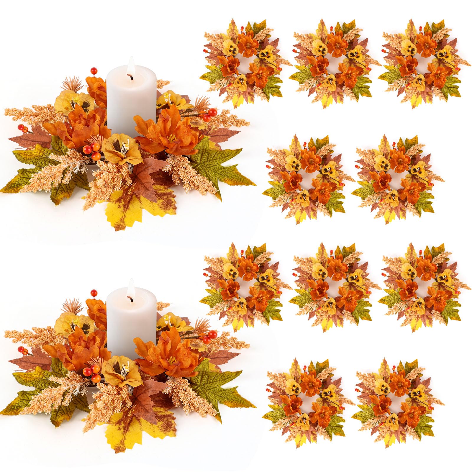 12 Pcs Fall Floral Candle Rings Mini Autumn Candle Rings Wreaths with Berries Table Centerpiece Fall Hanging Wreath for Farmhouse Table Front Door Indoor Decorations