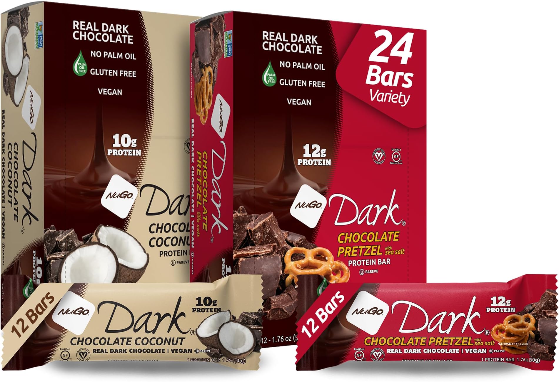 Dark Variety - Pretzel with Sea Salt 12 Bars & Dark Coconut 12 Bars, Vegan, 200 Calorie, Gluten Free, 24 Count