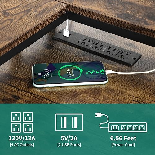 Miniatura 5 de DWVO Escritorio en forma de L con cajones y gabinete, escritorio reversible para computadora con tomas de corriente y luces LED, escritorio de