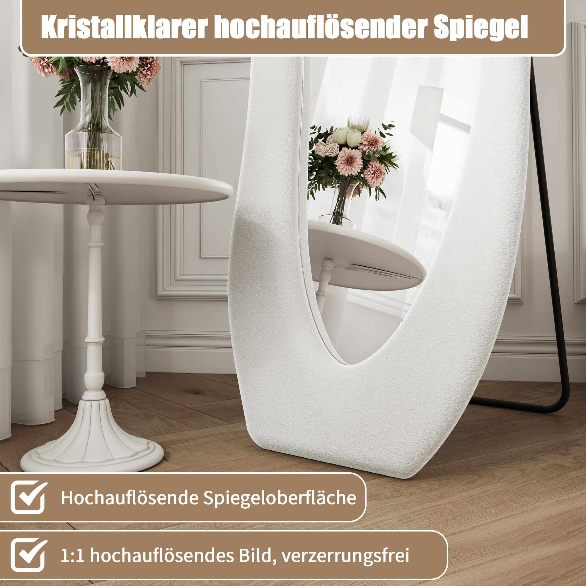 Miroir intégral 160 x 50 cm, asymétrique ondulé avec cadre en flanelle blanche, debout, suspendu, incliné, grand miroir mural pour chambre à coucher, dressing, salon
