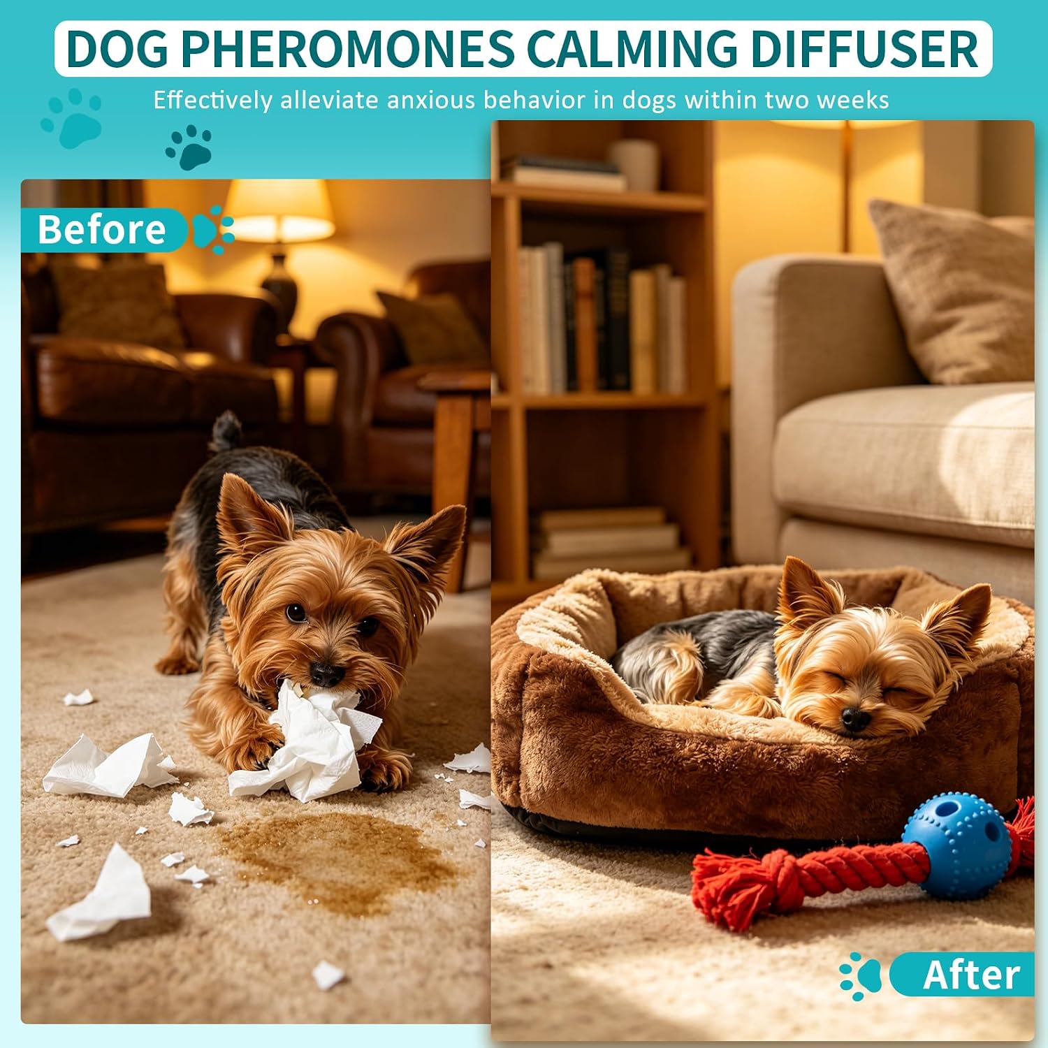 Dog Calming Diffuser, Calming Pheromones Diffuser Kit Pheromone Diffuser to Calm for Anxiety Relief Fighting Barking Stress,for All Dogs, 2Plug in+4Refill