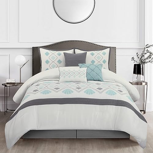 Miniatura 9 de Stratford Park Juego de edredón gris pardo, tamaño Queen, juego de cama geométrico de 7 piezas, jacquard con piezas sólidas a juego
