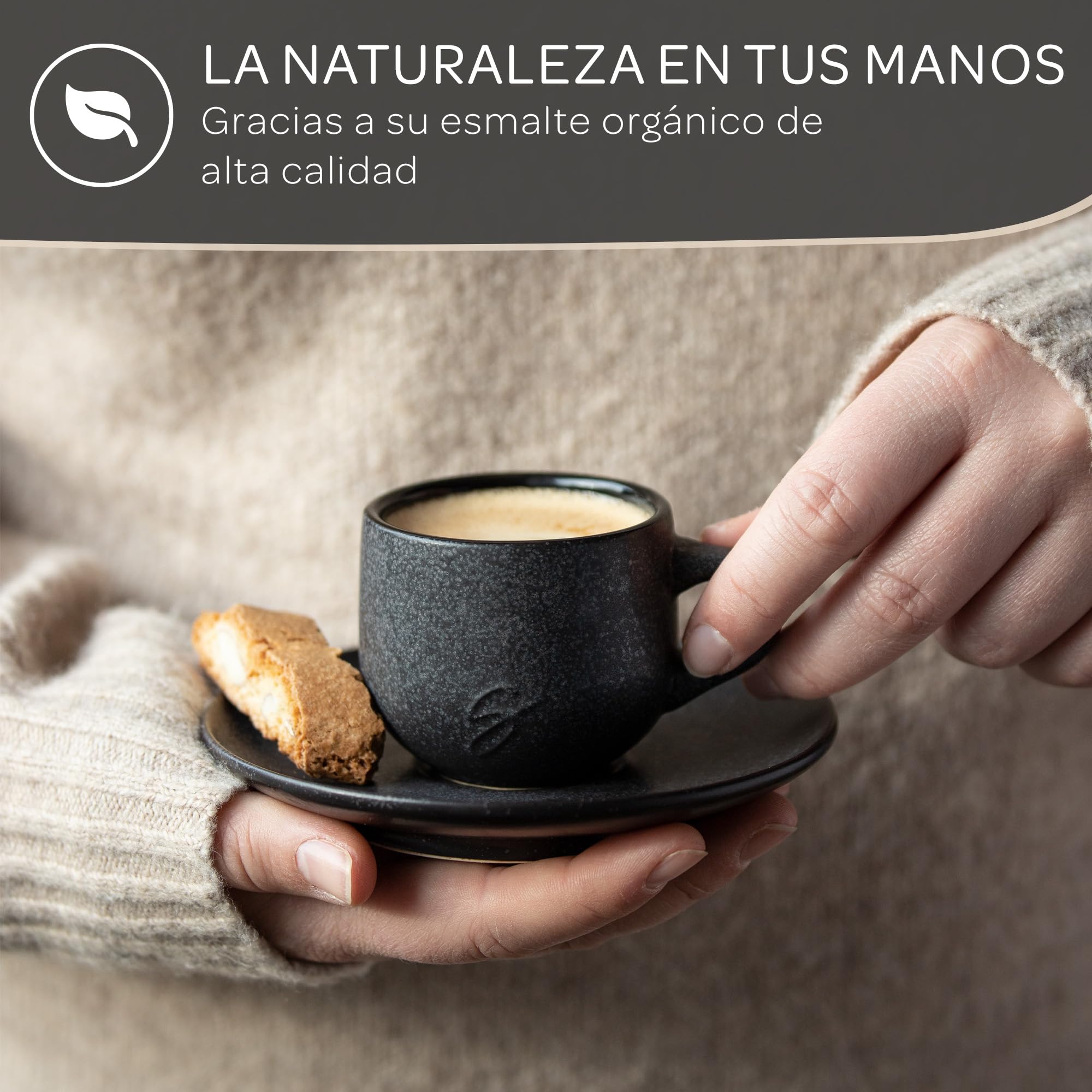 Steinzeit Tazas de espresso diseño (6x80 ml) - Juego de tazas de cafe con platillos a juego - Expresso machiato taza 100% hechas a mano - Tazas de moka apilables en color negro