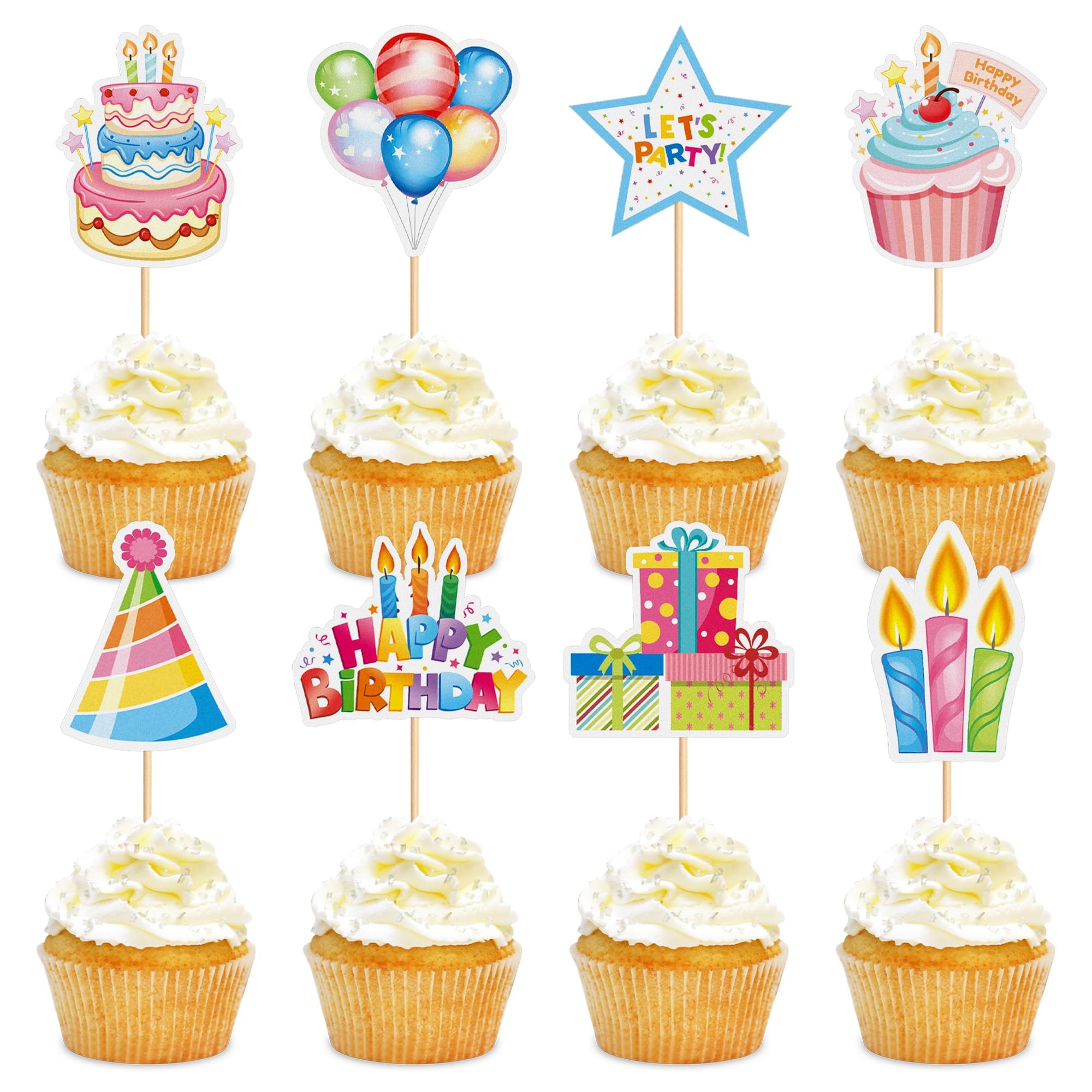 24Pcs Happy Birthday Cupcake Toppers Colorful Birthday Party Cupcake Picks Party Hat Gifts Box Birthday Candle Food Picks for Baby Shower Boys Girls Kids Birthday Party Decorations