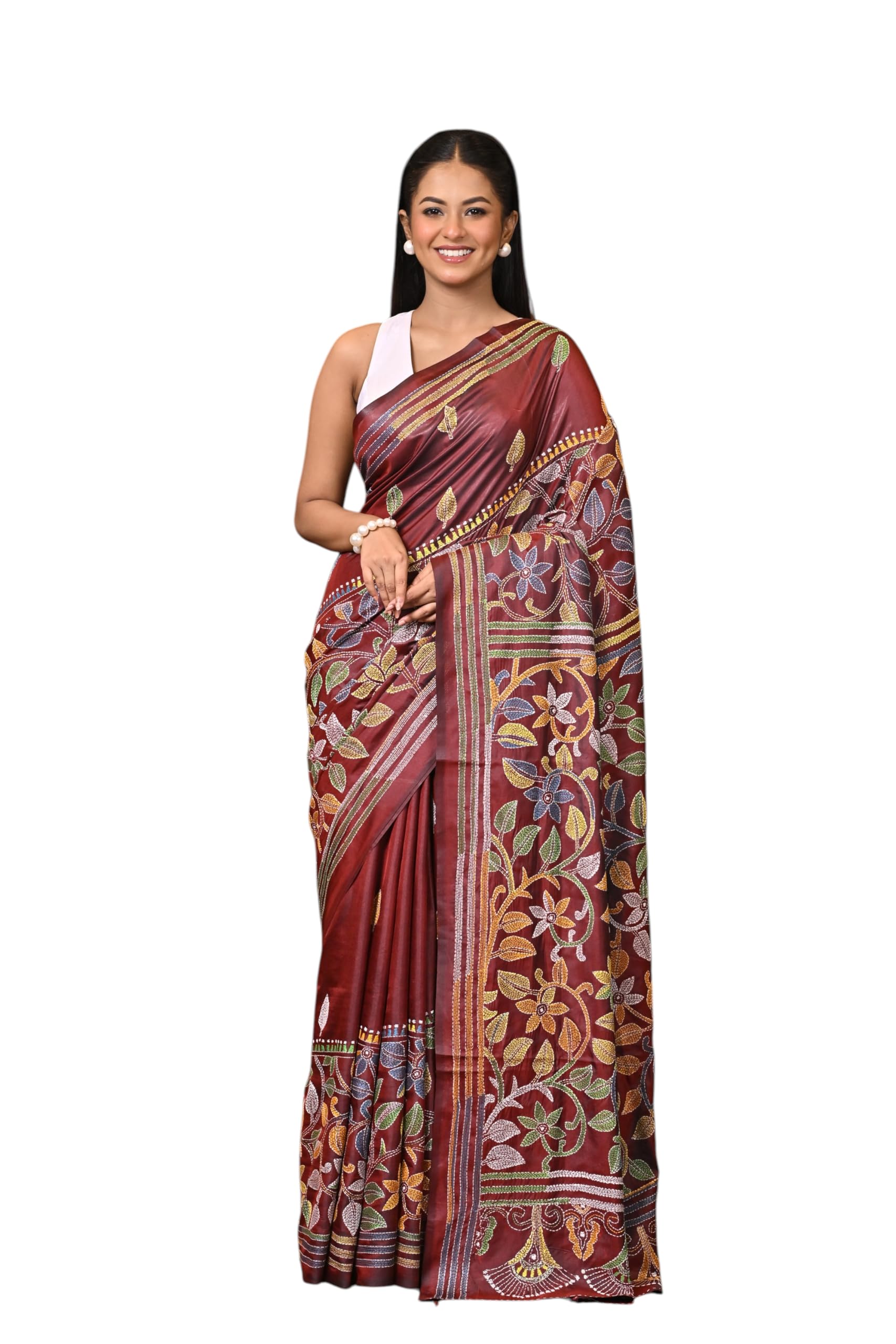 Blended Silk Kantha Stitch Saree Brown-image-24