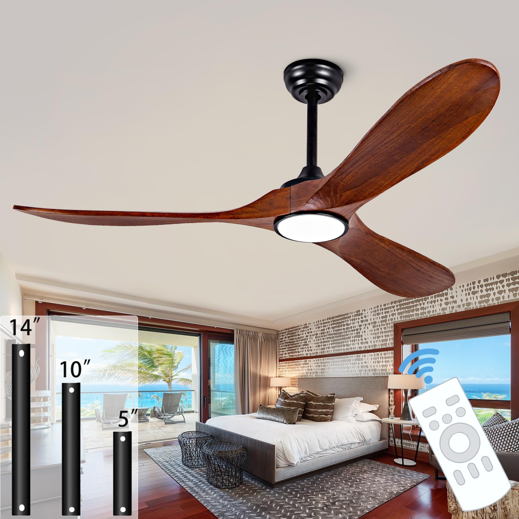 - dearnow 52” Ceiling Fans with Remote/Light/APP,Dimmer and Color, Wooden Ceiling Fan with 3 Wooden Blades for Patio, Living Room, Gazebo, etc. (Black + Walnut)