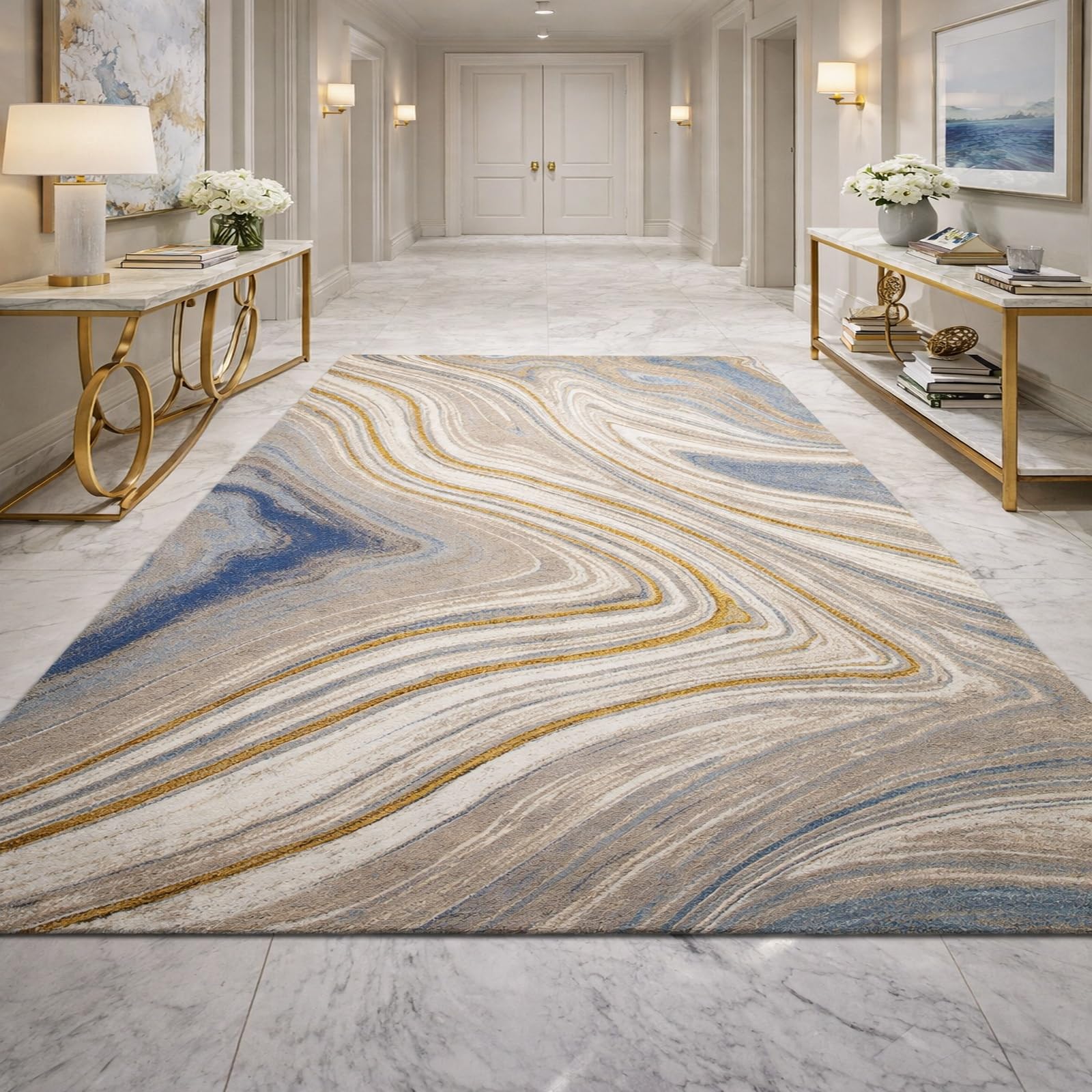 Paillasson entree et tapis géométrique jaune bleu gris blanc 80 x 120 cm