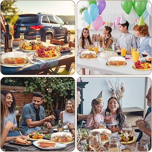 Miniatura 5 de Nitial 24 bandejas de plástico para servir con tapa, platos grandes de fiesta de 12 pulgadas con tapas transparentes, bandejas doradas, redondas,