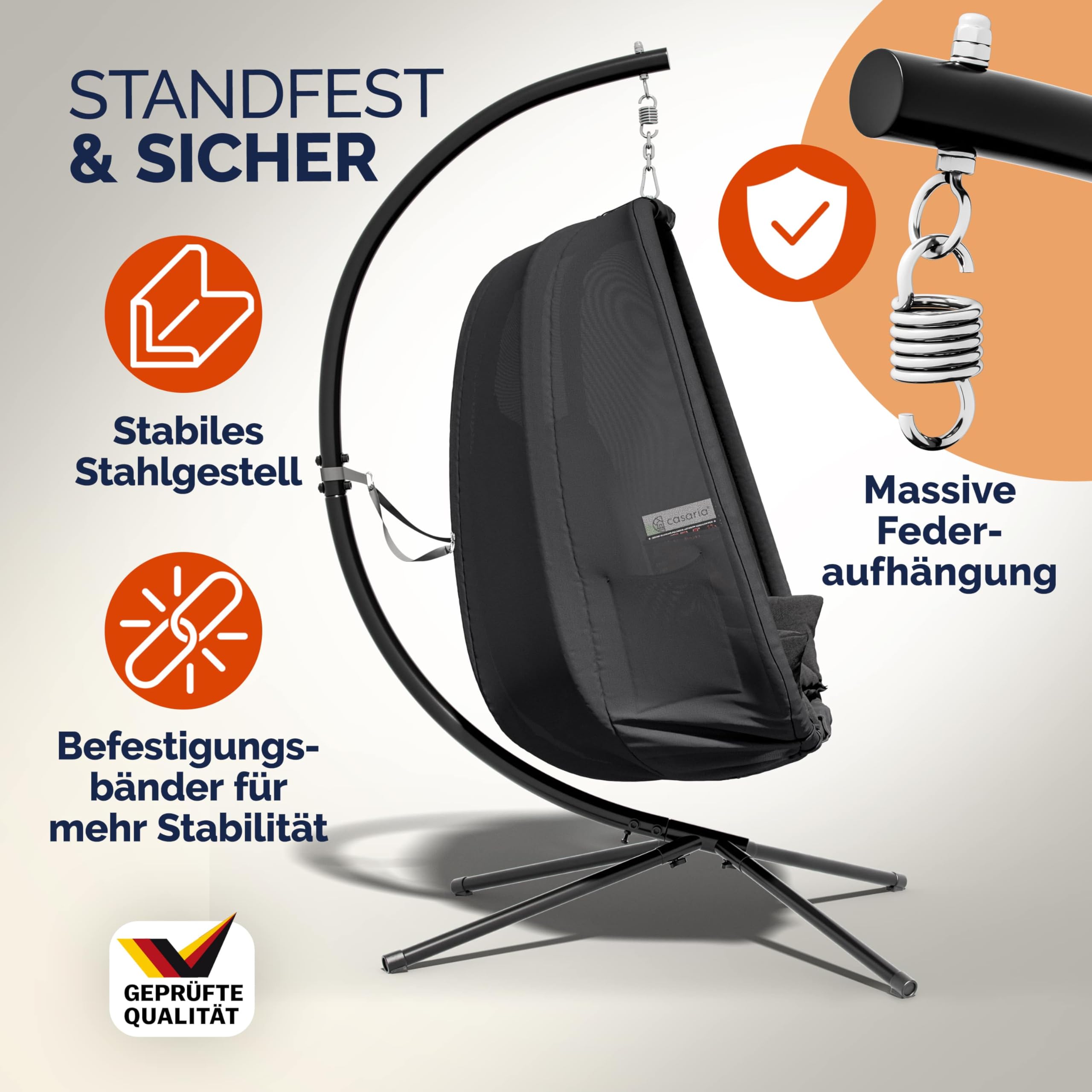 Casaria® XXL-Hängesessel mit Gestell Outdoor - 94cm breit, wetterfest, bis 150kg - Hängestuhl inkl. Kissen & 2 Taschen - für Garten Balkon & Indoor Relax Schaukelstuhl