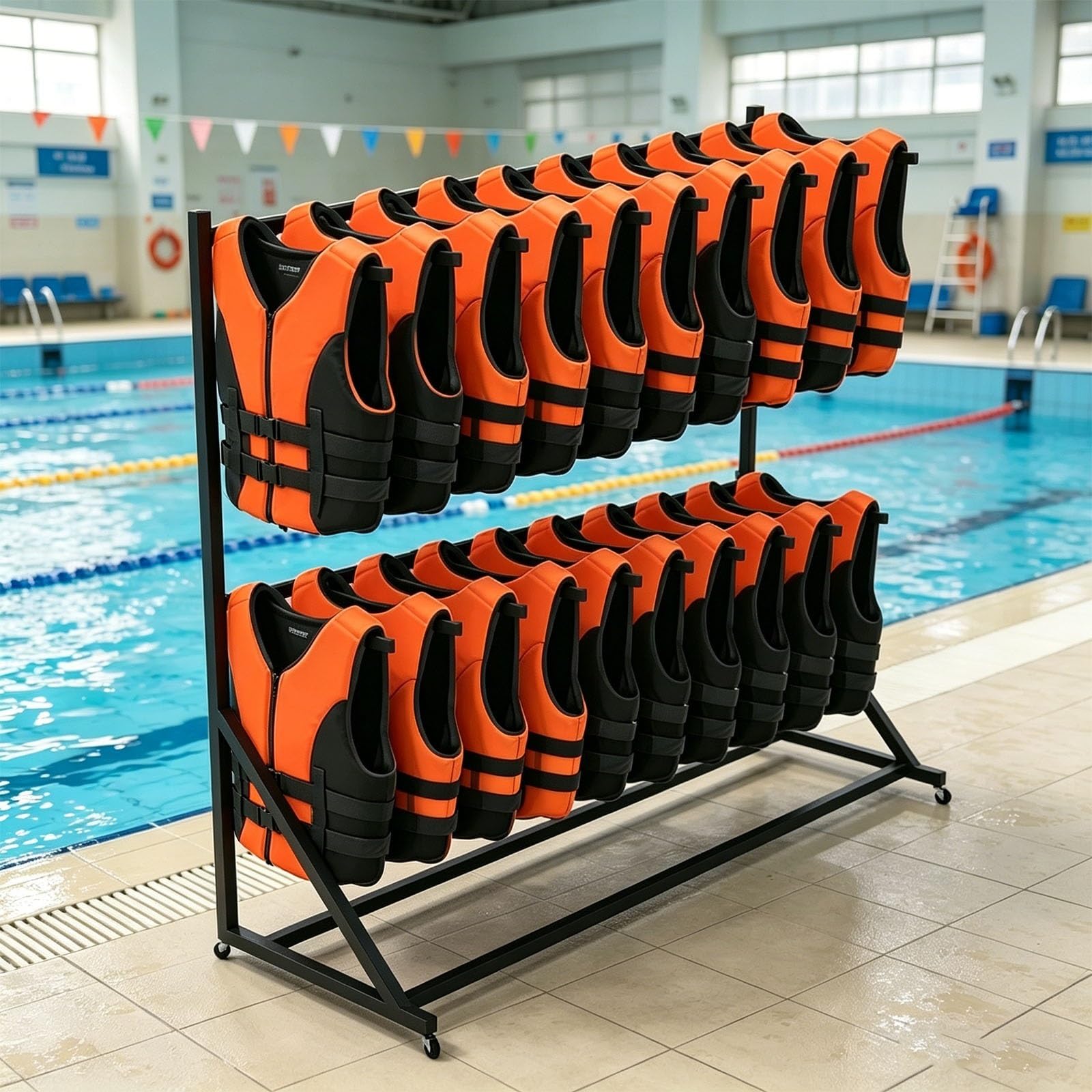 Estante Resistente para Chalecos Salvavidas, Soporte Independiente para Trajes de Neopreno y Chalecos, Organizador de Accesorios de Piscina con Ruedas giratorias(2-Tier)