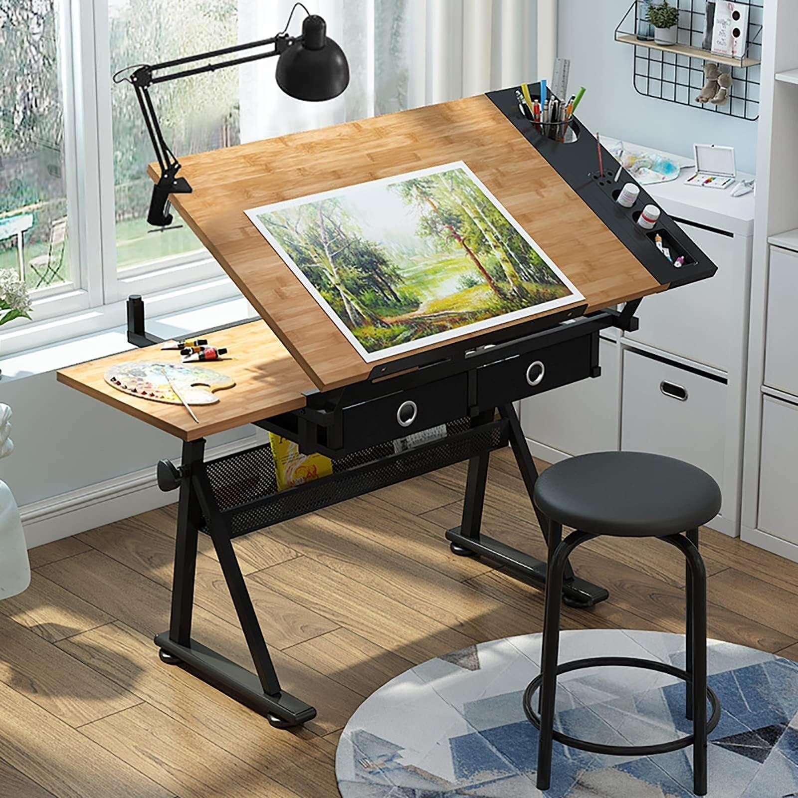 Mesa de dibujo ajustable con función de inclinación de taburete, espacio de almacenamiento y cajones, escritorio de arte para pintura y trabajo creativo, perfecto para artistas y aficionados
