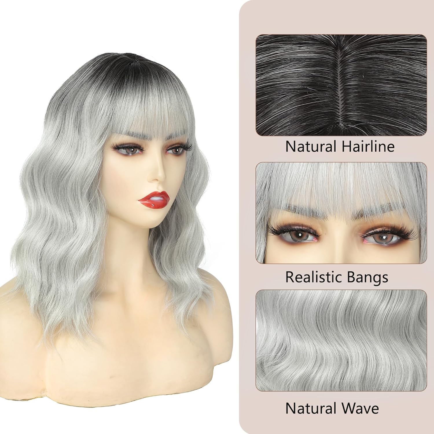 Short White Silver Wig with Bangs Ombre Grey Wigs for Women Girls Wavy Bob Wig Shoulder Length Synthetic Hair Dark Roots Wig for Halloween Cosplay Party Daily(14 Inches)