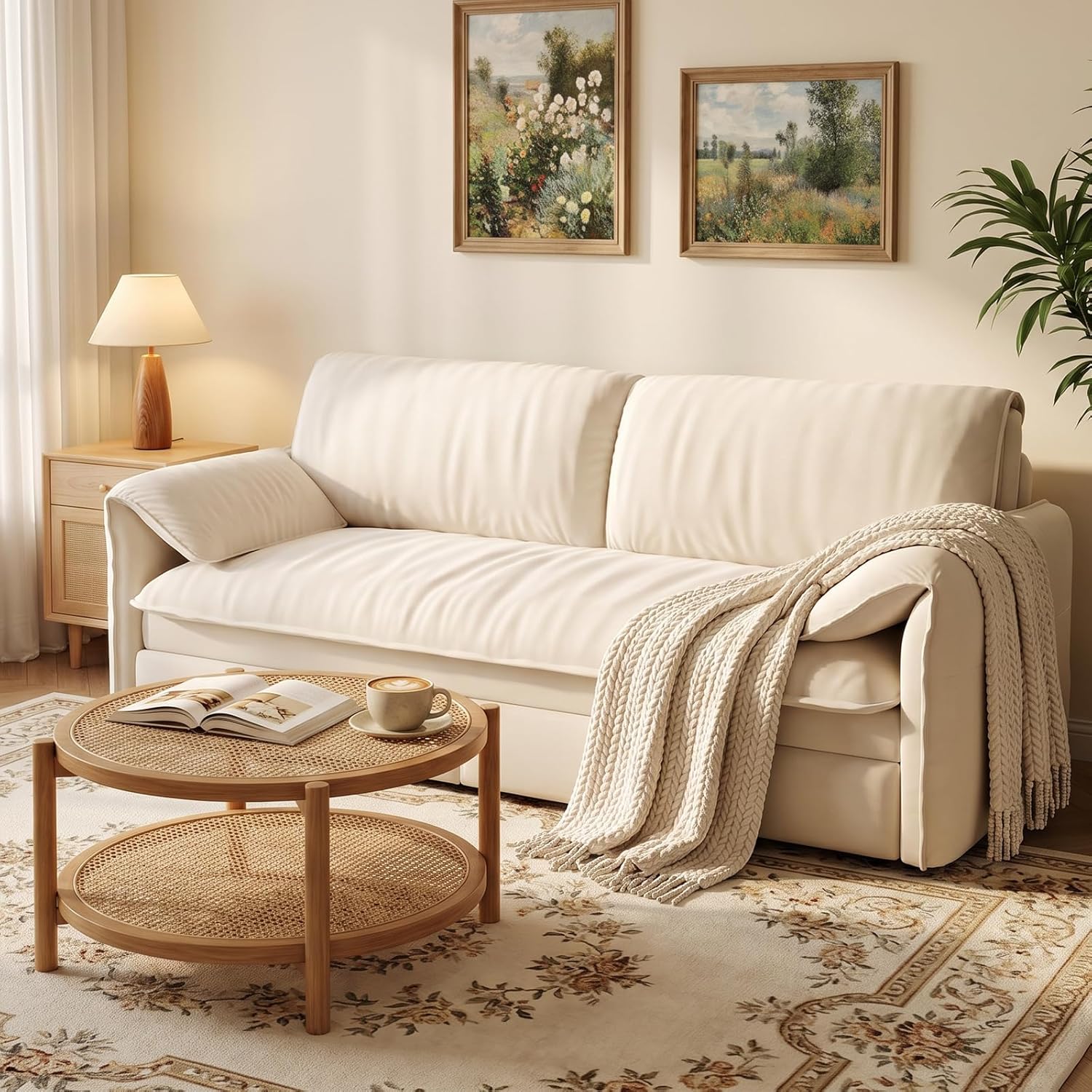 Yafylly Queen Full Size 3-in-1 Convertible Sleeper Sofa Bed, Velvet Loveseat Pull Out Couch with Pillows for Living Room, Bedroom, Apartment, Office, Pure White