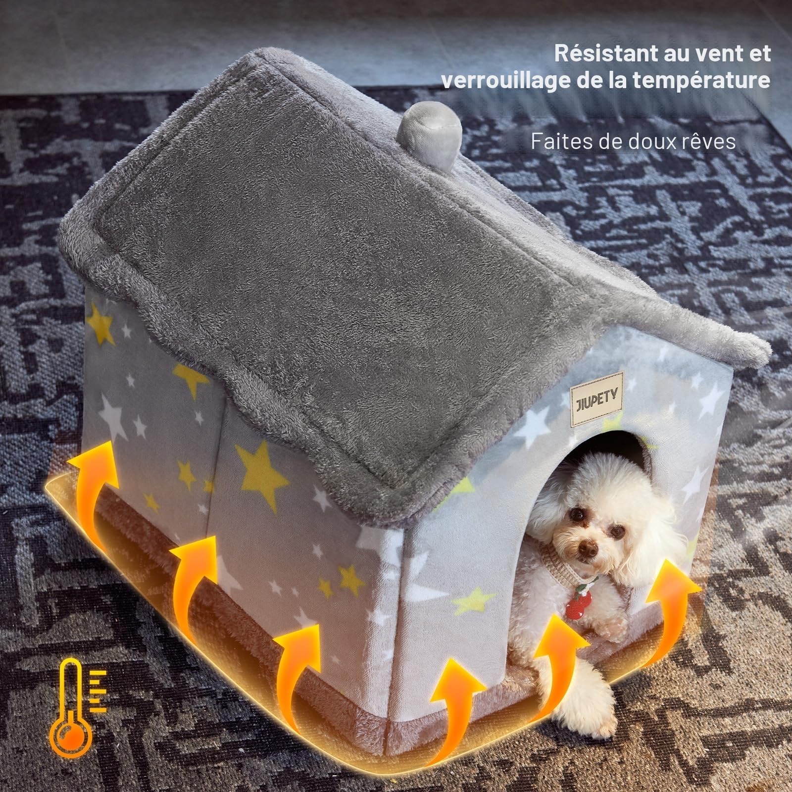 Jiupety Niche pour Chien Intérieur avec Motif Étoilé, Maison Chien Toit, Taille M, Grey Star