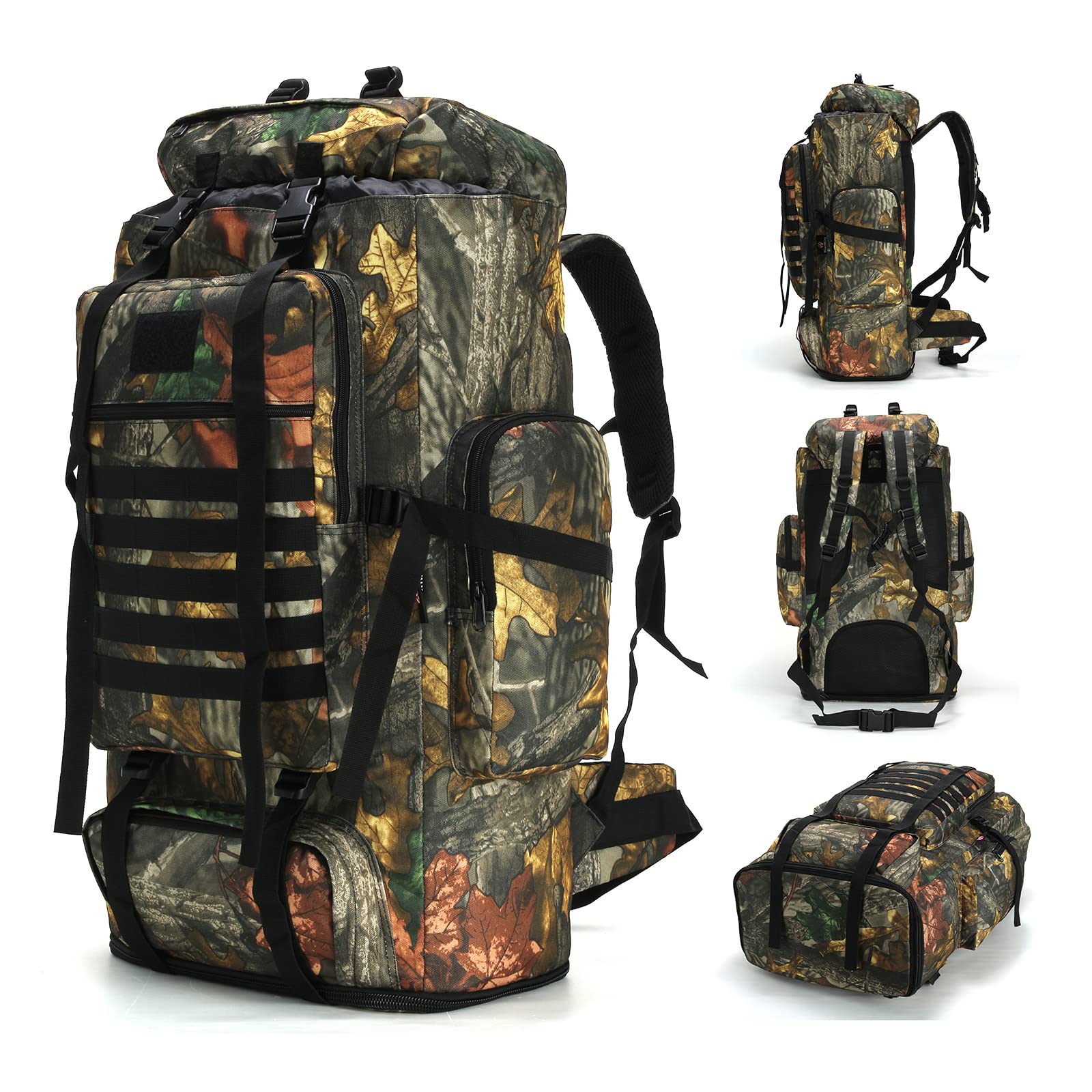 HongXingHai 70L/100L Hiking Camping Backpack MOLLE Rucksack Waterproof Traveling Daypack Durable High-Performance Backpack for Backpacking (Leaf camo,