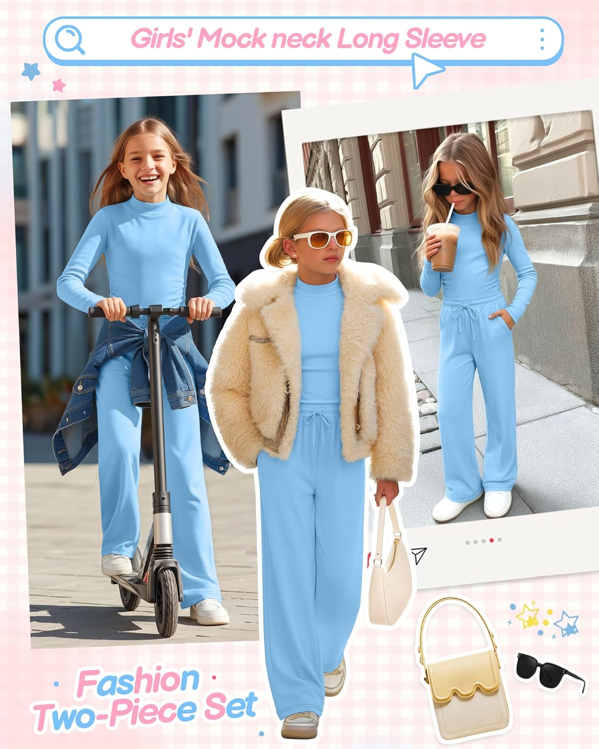 Girls' 2 Piece Outfits Lounge Set Mock Neck Long Sleeve Top Wide Leg Pant with Pocket Casual Sweatsuit Clothing Set - Image 2