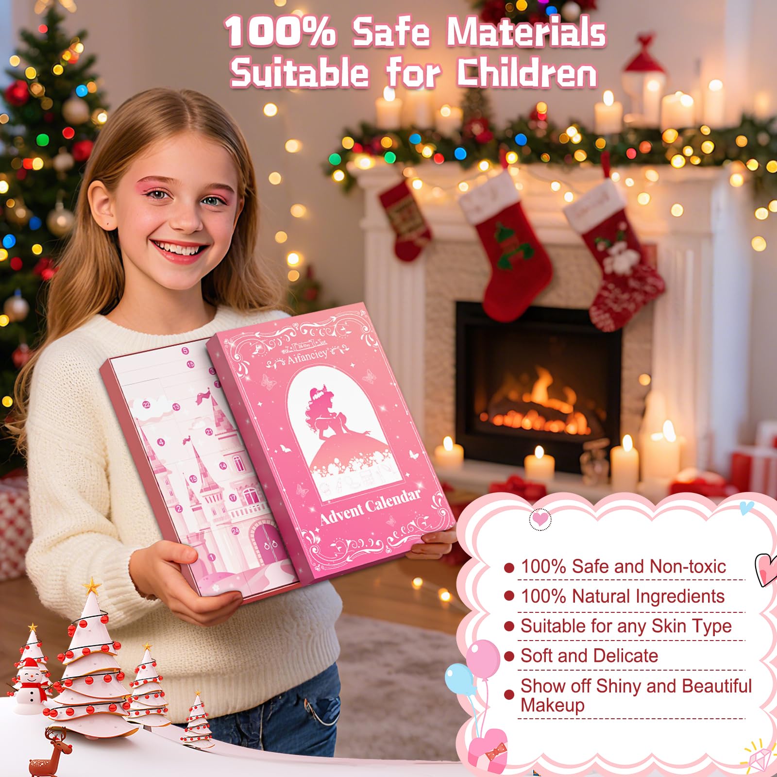 Calendrier de L'avent Maquillage 2025 pour Fille, 24 Beauté Coffret Cosmétique de Noël avec Gloss, Blush, Pinceaux et Mascara, Sûr pour la Peau, Doux et Non Irritant, Cadeau pour Une Princesse