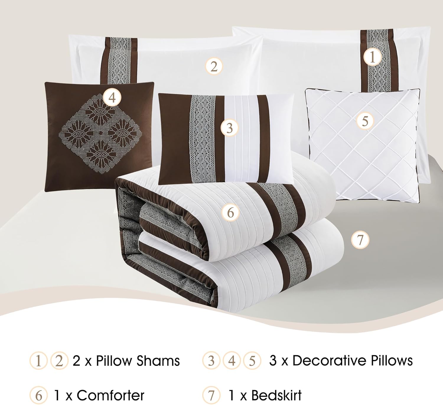 Stratford Park 7 Piece Striped Coffee Comforter Set, Queen Size Microfiber Bedding, All Season Polyester Bedding Set, Matching Bed Skirt, Pillows & Shams