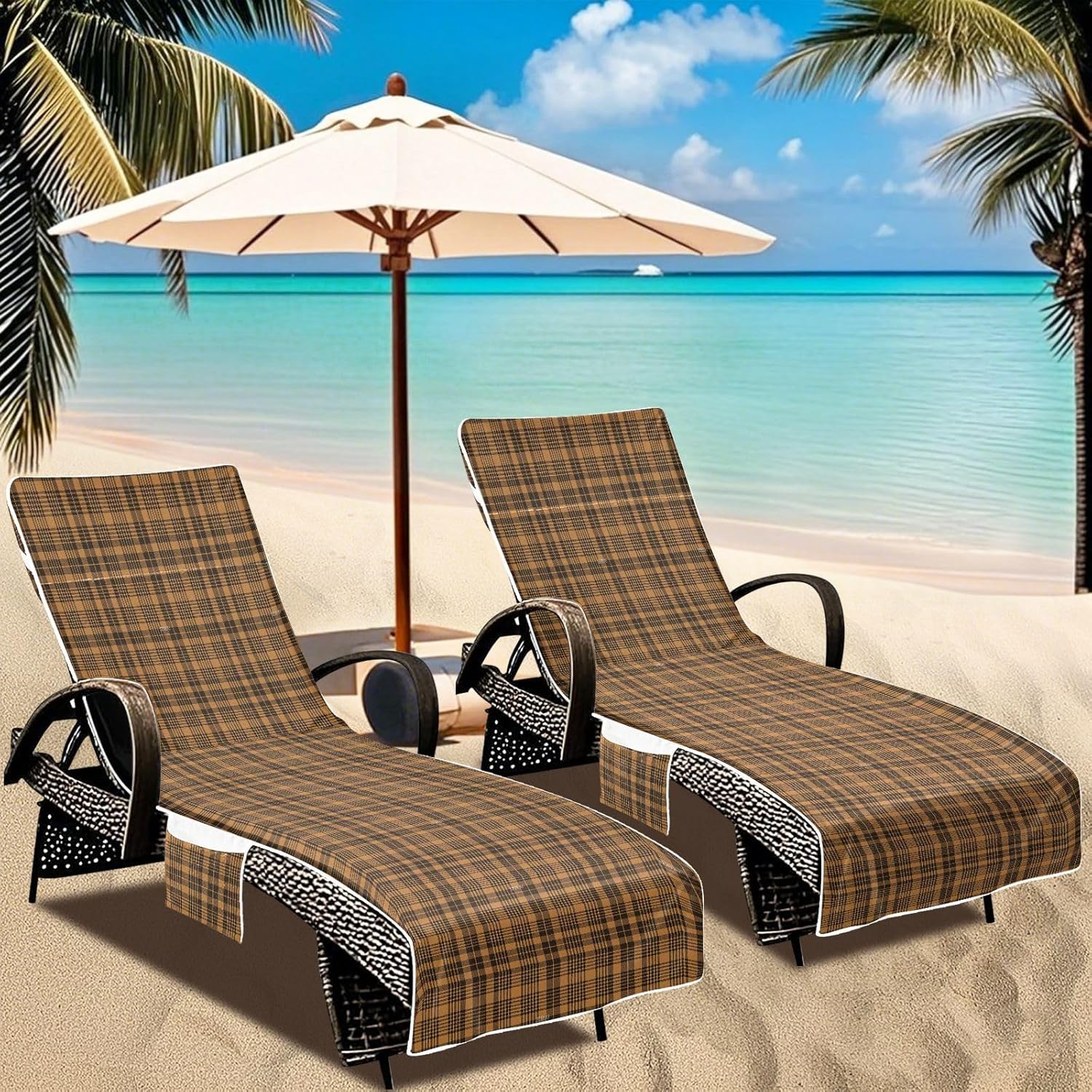 Vintage Buffalo Plaid Checked Brown Decorative Patio Lounge Chair Cover Soft Absorbent Outdoor Seating Covers Towels with Pockets for Pool Beach Sunbathing, fundas para muebles 85" X 30"