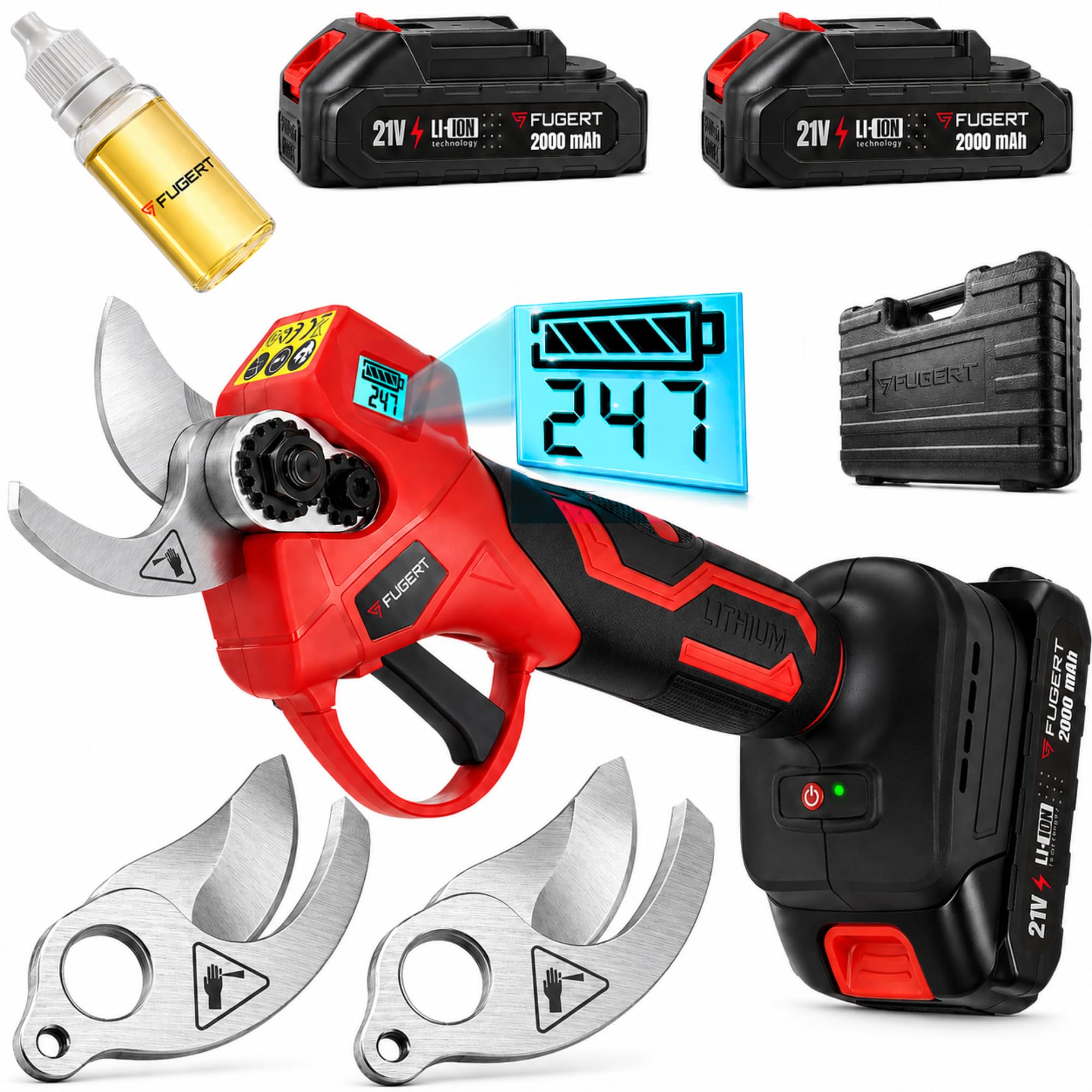 Akku Astschere 30 mm mit 2 Akkus 2 Ah, Bürstenloser Motor, Elektrische Gartenschere Bypass, LED-Schnittzähler, Baumschere für Garten & Obstbäume, Leichte Gartenschere mit Koffer