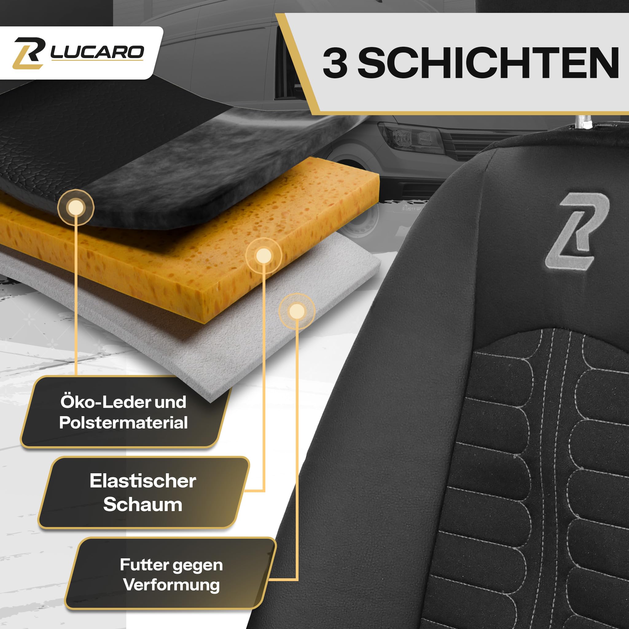 LUCARO Sitzbezüge für Mercedes Sprinter 3 Ab 2018 - Sitzbezügesets 1+2 - Auto Sitzbezüge Schwarz Grau