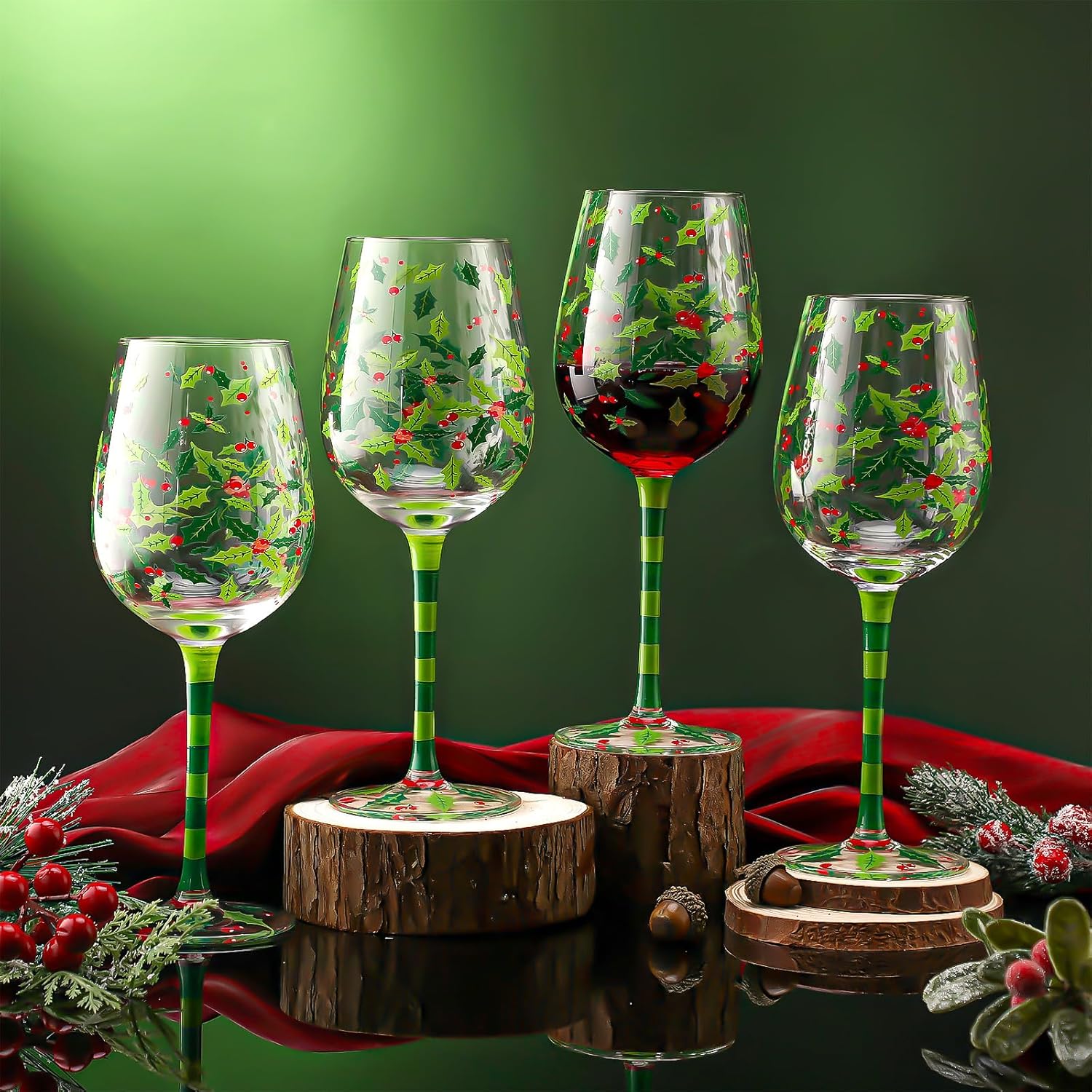 4 Pcs Christmas Holly Berry Party Stemmed Wine Glasses Hand Painted Drinking Cup Wine Glasses Gifts for Birthday Theme Holiday Party Supplies - Image 2