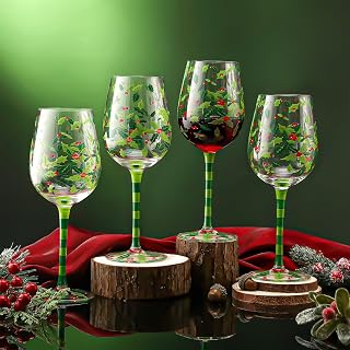 4 Pcs Christmas Holly Berry Party Stemmed Wine Glasses Hand Painted Drinking Cup Wine Glasses Gifts for Birthday Theme Holiday Party Supplies