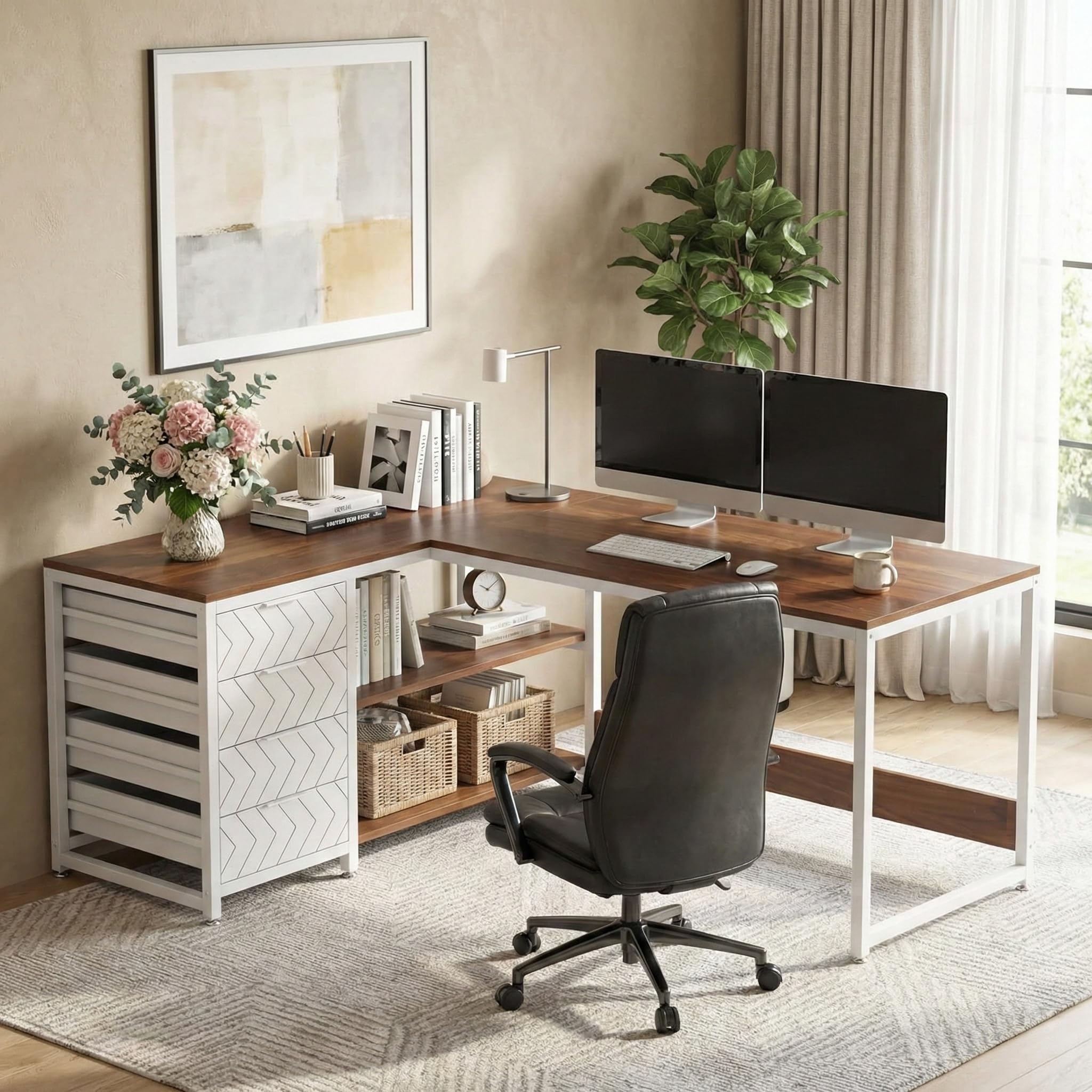 Lailang 150cm Scrivania, Tavolo Angolare, Mobili Ufficio Moderni, Scrivania In Legno, Scrittoio Vintage, 150 x 110 x 75 cm, Noce E Bianco