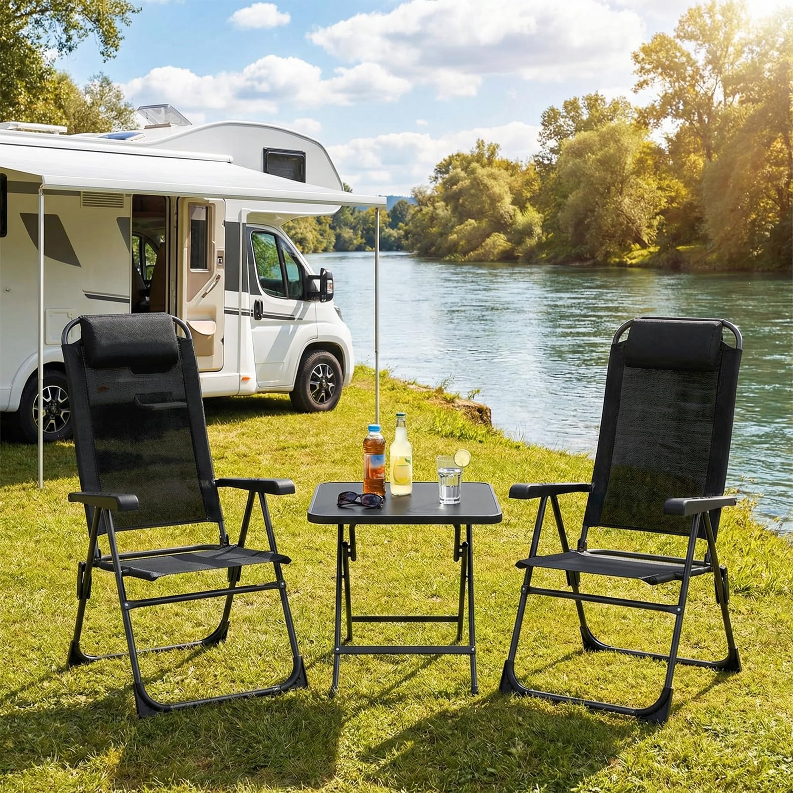 LIFERUN 2er Set Gartenstühle Klappstühle mit Kopfstütze 5 verstellbaren Rückenlehnen Hochlehne Outdoor Schwarz