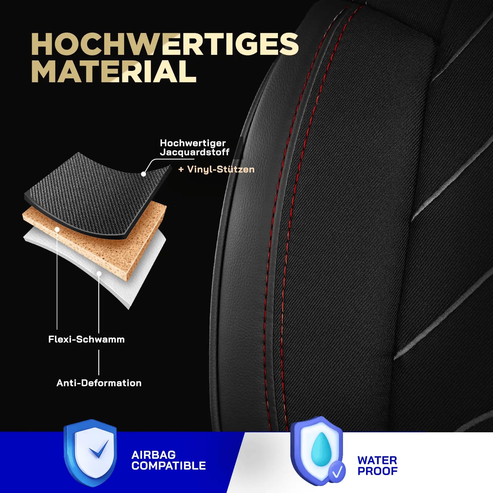 Autositzbezüge 2+1 für Ford Transit Custom 2015-2023 - Premium Vordersitze Auto Sitzbezug aus Leinen, Schwarz-Rot - Vordersitz-Set (rechter Beifahrersitz geteilt)