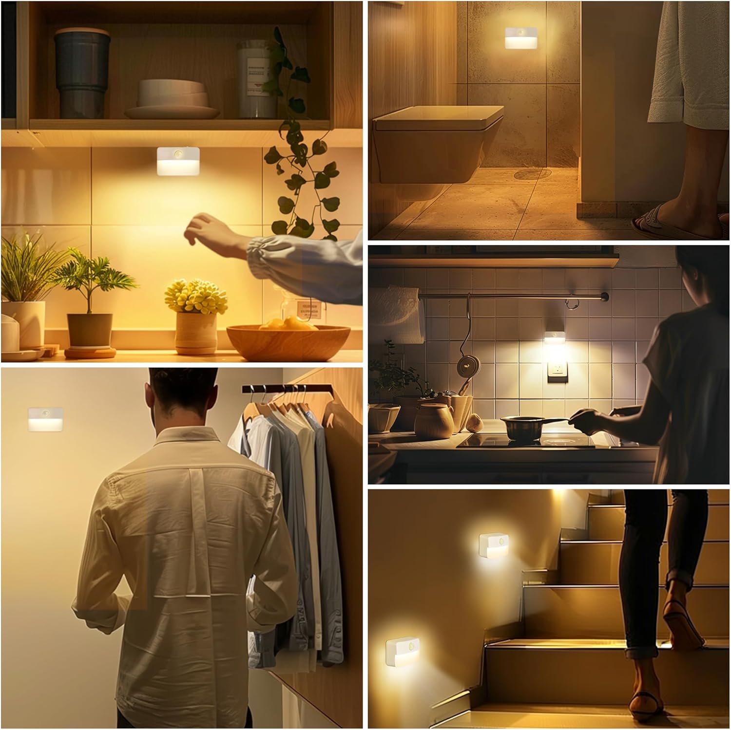 6 Pack Rechargeable Motion Sensor Stair Lights Indoor, Automatic Activated LED Night Light Wireless Battery Powered Portable Hallway Step Toilet Closet Lamp for Bedroom Kitchen
