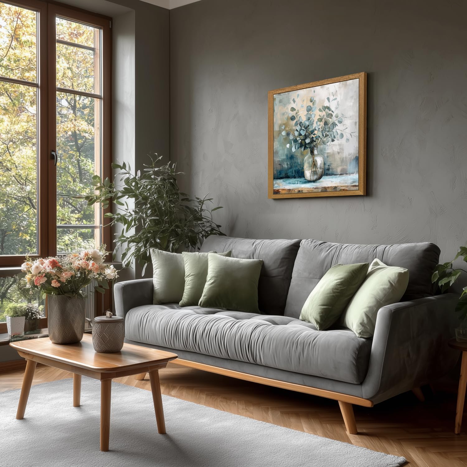 HLXRAE Eucalyptus Leaf Wall Art, Sage Green Botanical Canvas Print, Rustic Farmhouse Bathroom Wall Decor, Soft Blue Floral Aesthetic Picture for Bedroom living Room Wood Framed 12x12 inch