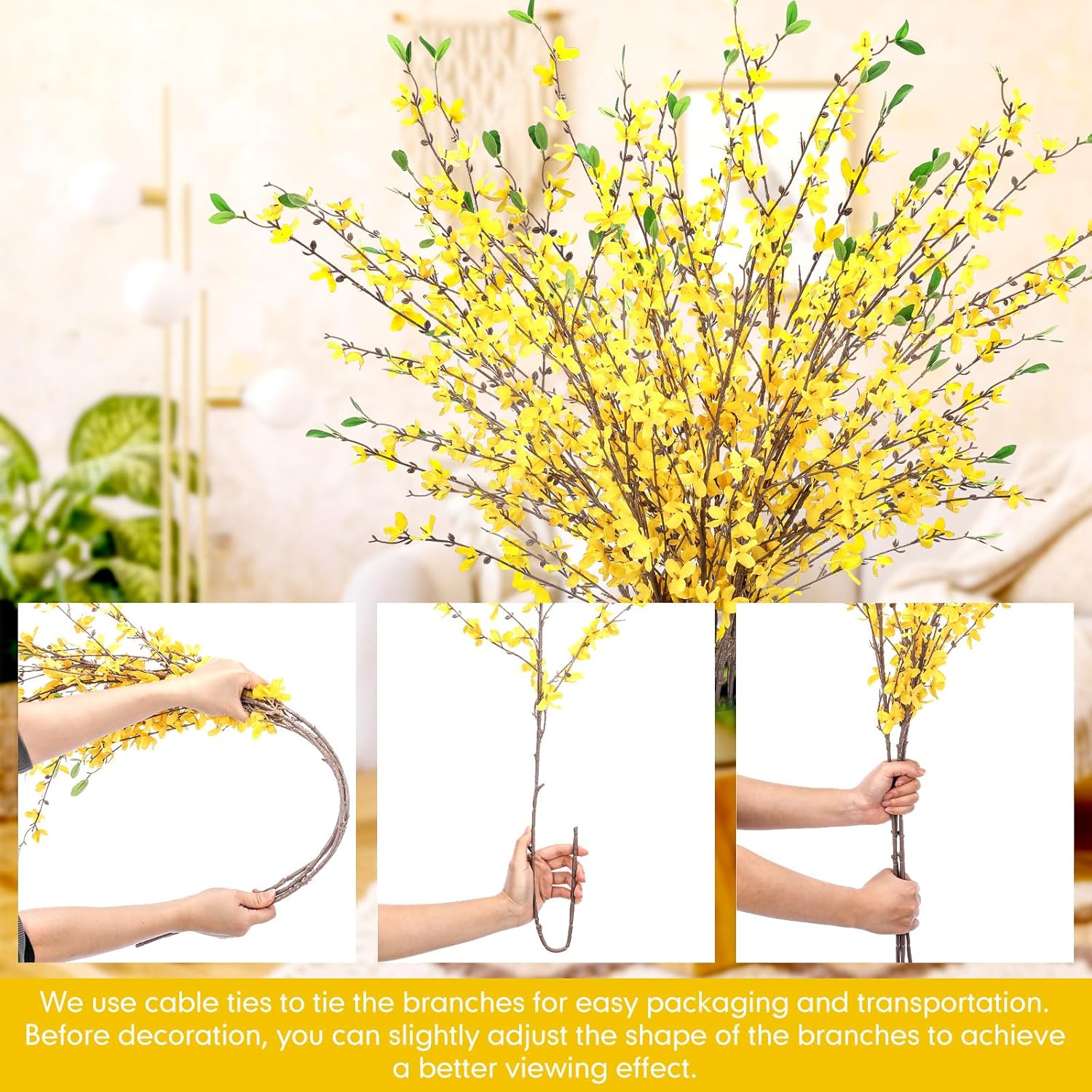 XunYee 12 PCS Fake Forsythia Long Stems 39.5" Artificial Forsythia Branches Yellow Forsythia Branches Artificial Orchids Flower Branches Faux Forsythia Stems for Home Wedding Indoor Outdoor Decoration - Image 4