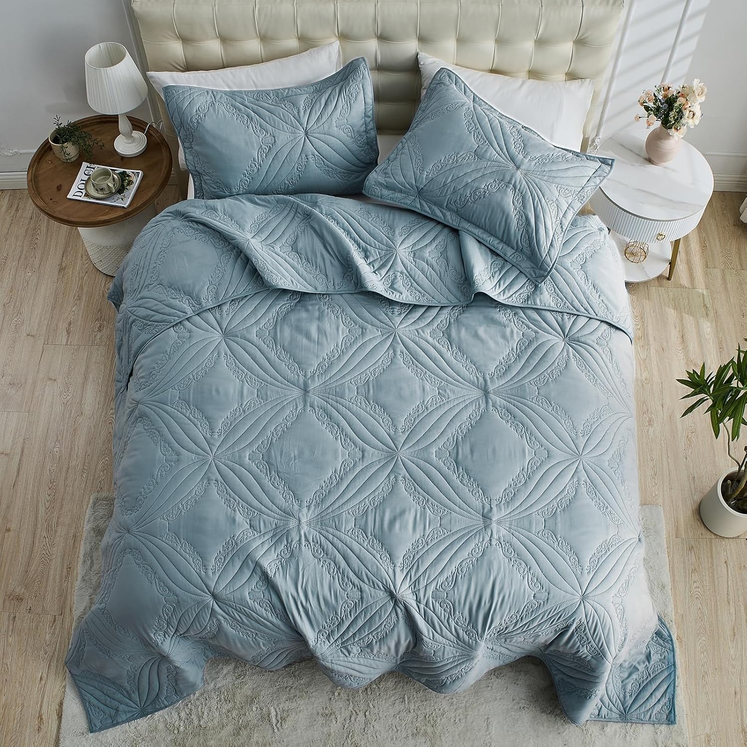 Kingnex Oversized King Bedspreads 128x120 for Tall King or Cal King Bed Ultrasonic Quilted Coverlet Set 3 Piece Include 1 Extra Wide Quilt 2 Pillowcases Blue - Image 4