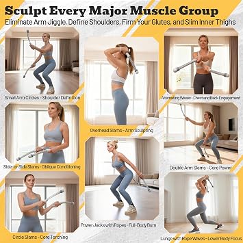 Ropeless Battle Rope with Adjustable Weights, Portable Silent Home Workout Equipment for Full Body Toning, Fat Burning & Cardio, Strength Training Gym Equipment for Arms, Core, Butt (Grey)