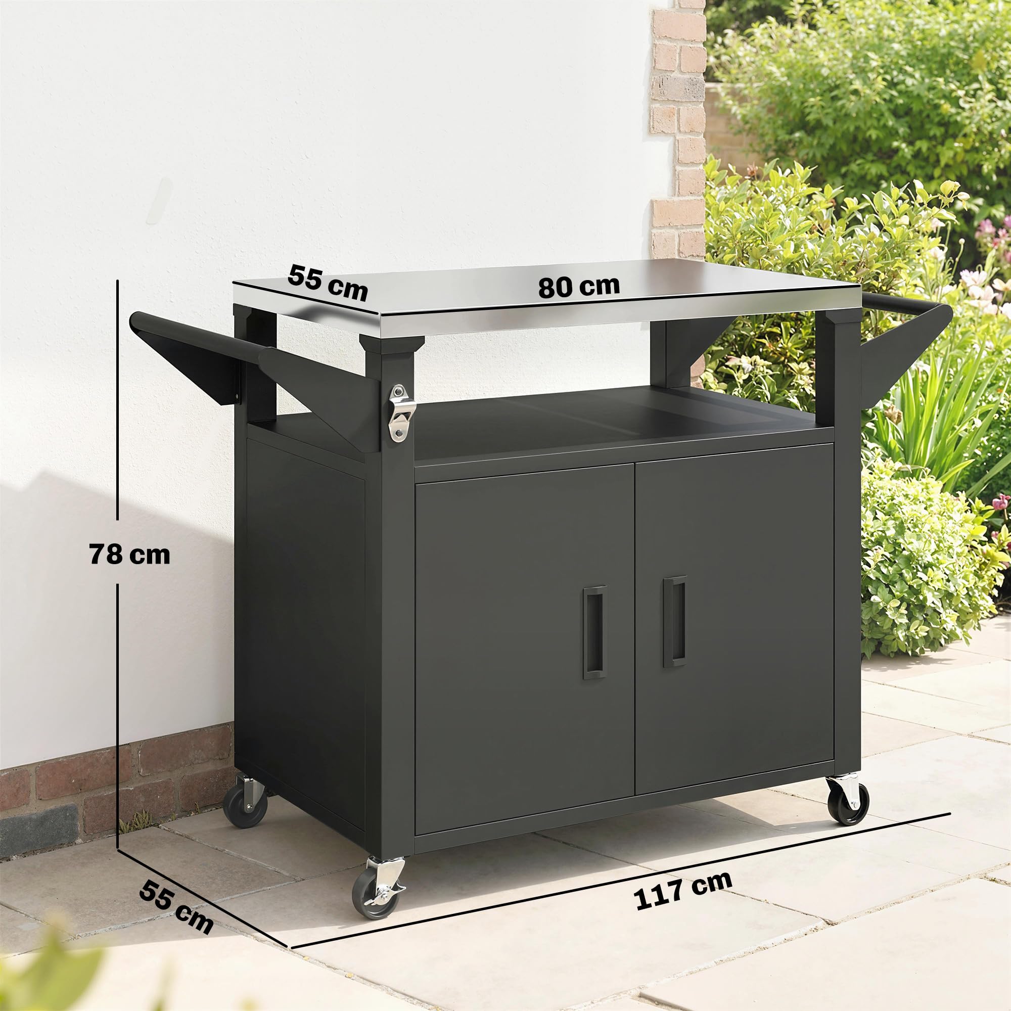 Outsunny Desserte Jardin avec Plan de Travail Inox - Chariot Barbecue à Étagère Coulissante - Meuble Cuisine Extérieur avec Armoire de Rangement pour Table Four à Pizza et Plancha, Noir