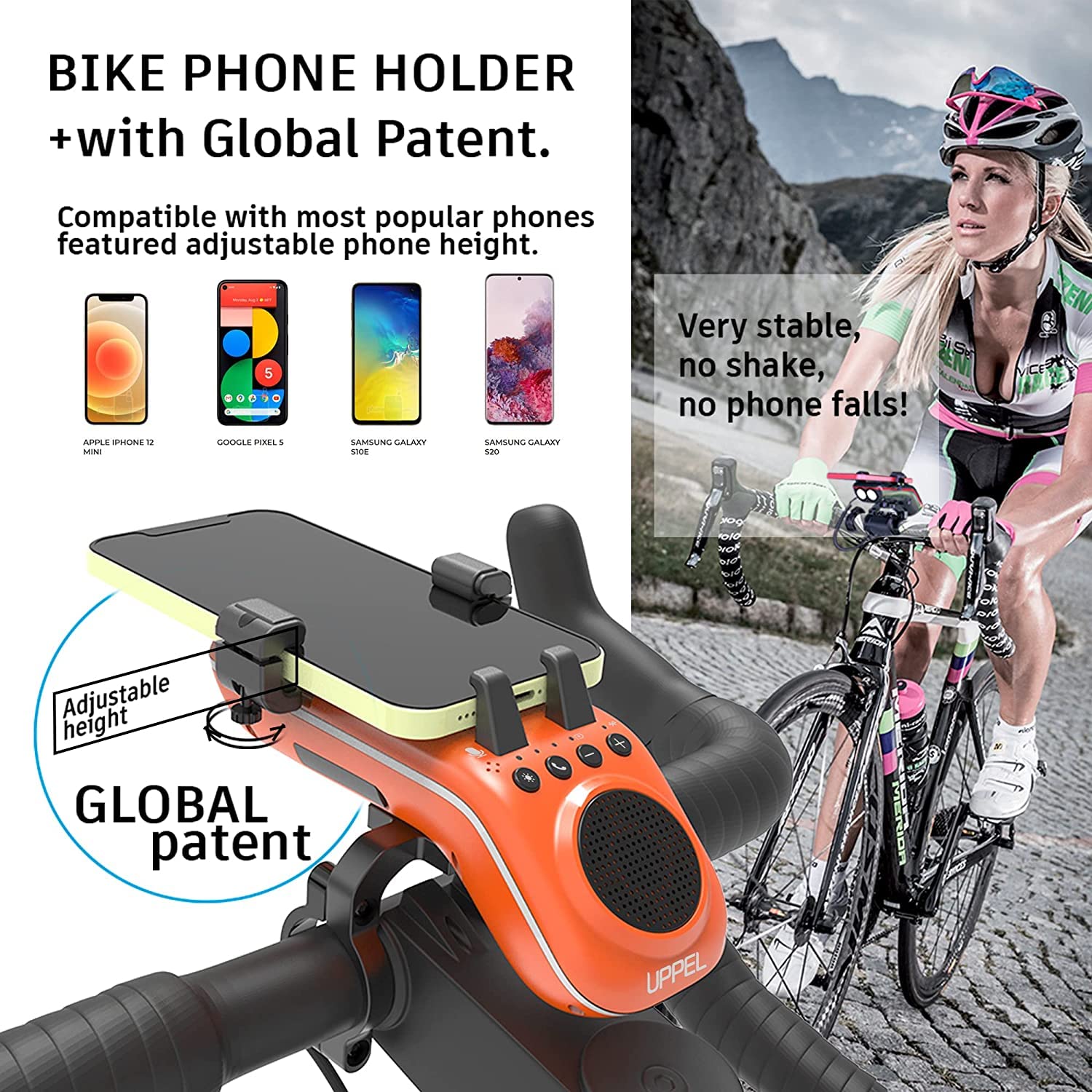 UPPEL Altavoz Bluetooth Bicicleta Portatil Bluetooth 5.1 Altavoz 5000mAh Banco de Energía Luz para Bici Timbre de Bici Soporte Móvil Bici Llamadas sin Manos Tarjeta TF IP54 10 en 1 Diseño