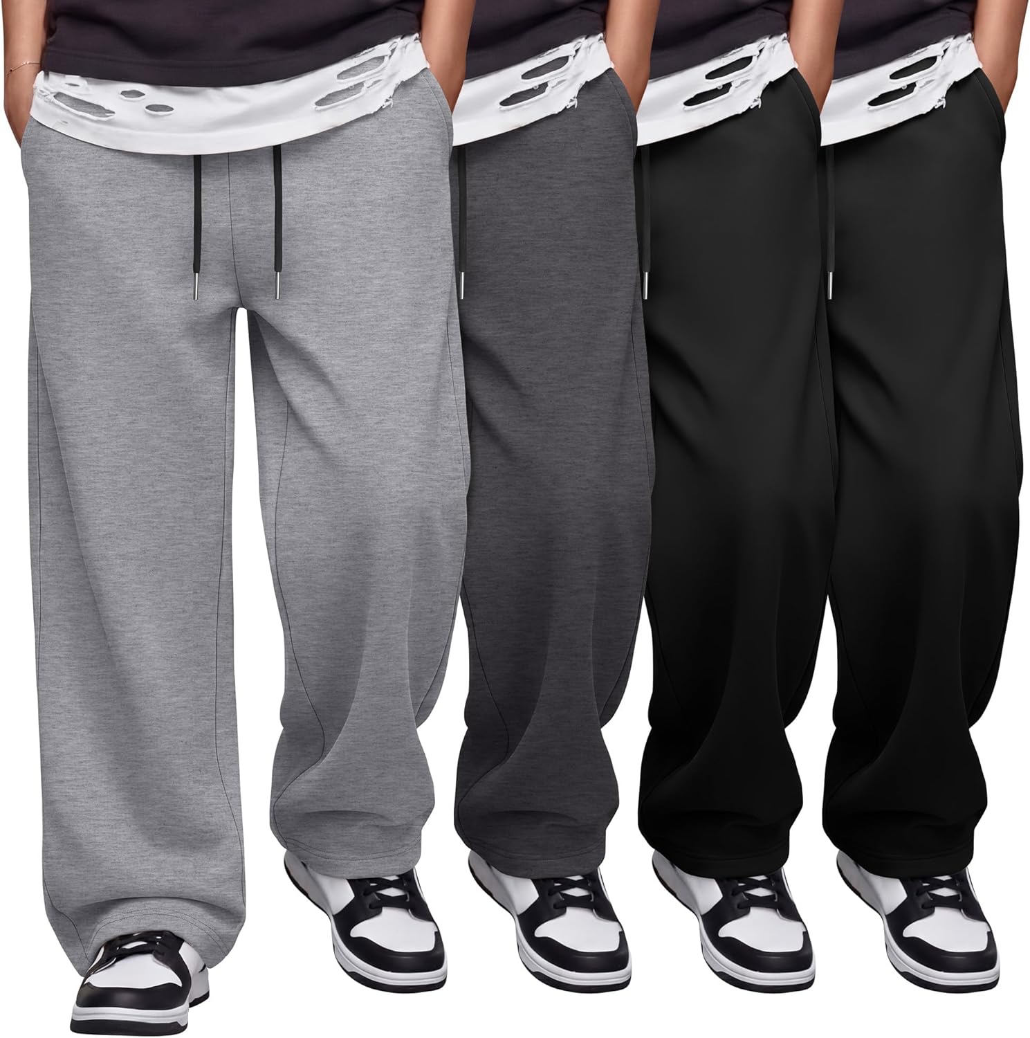 4 Pack Boys Baggy Sweatpants Kids Athletic Joggers Youth Elastic Waist Open Bottom Pants with Pockets Drawstring