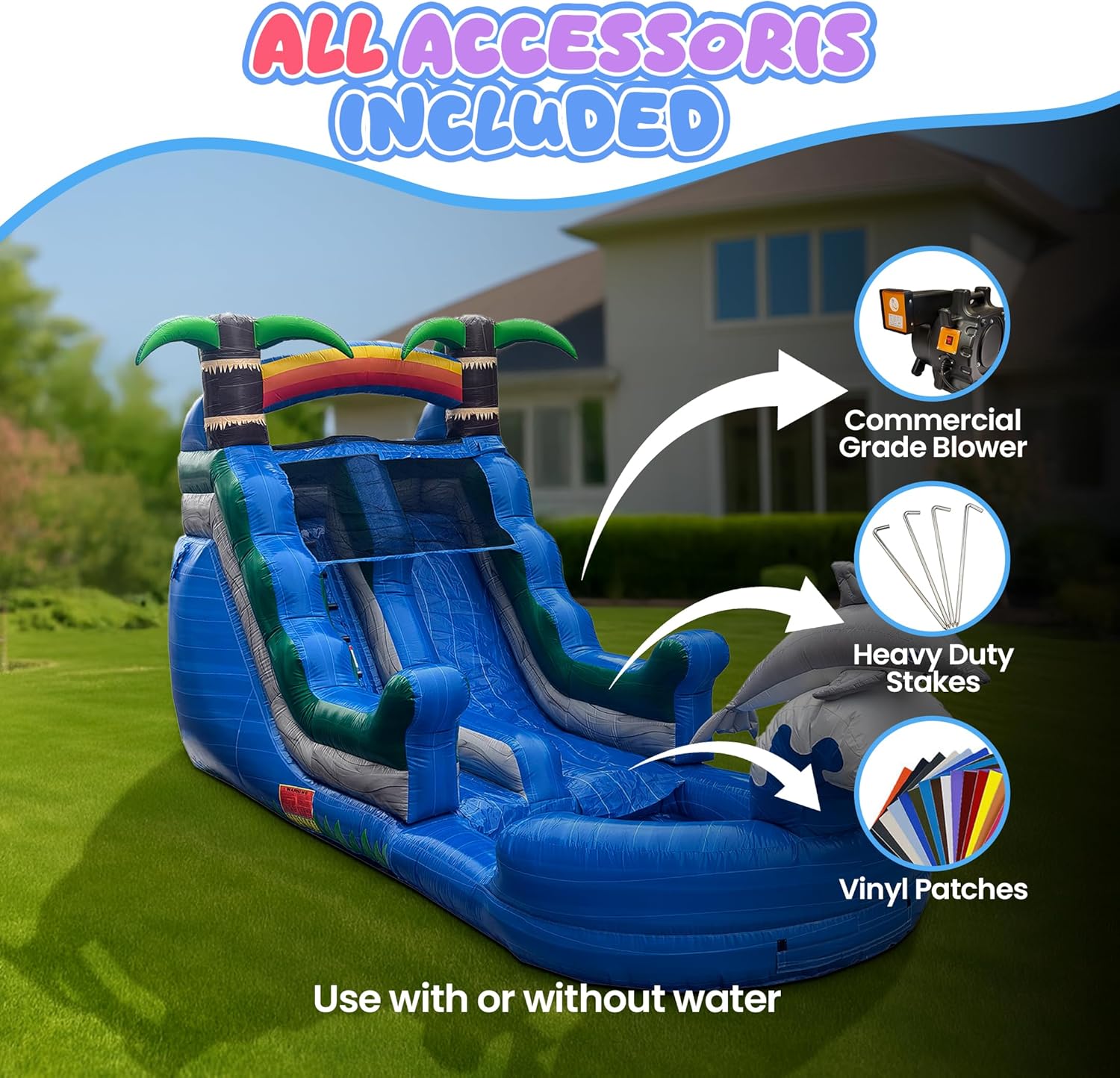 Dolphin Inflatable Water Slide for Kids and Adults with Splash Pool and Sprinkler, Commercial Grade Backyard Water Park with Safety Net and No-Jump Top, 25ft x 9ft x 14ft – with Blower