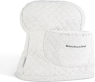 KITCHENAID Fitted Tilt-Head Stand Mixer Cover with Storage Pocket, Quilted 100% Cotton,14.4"x18"x10", Ticking Stripe Charcoal Grey