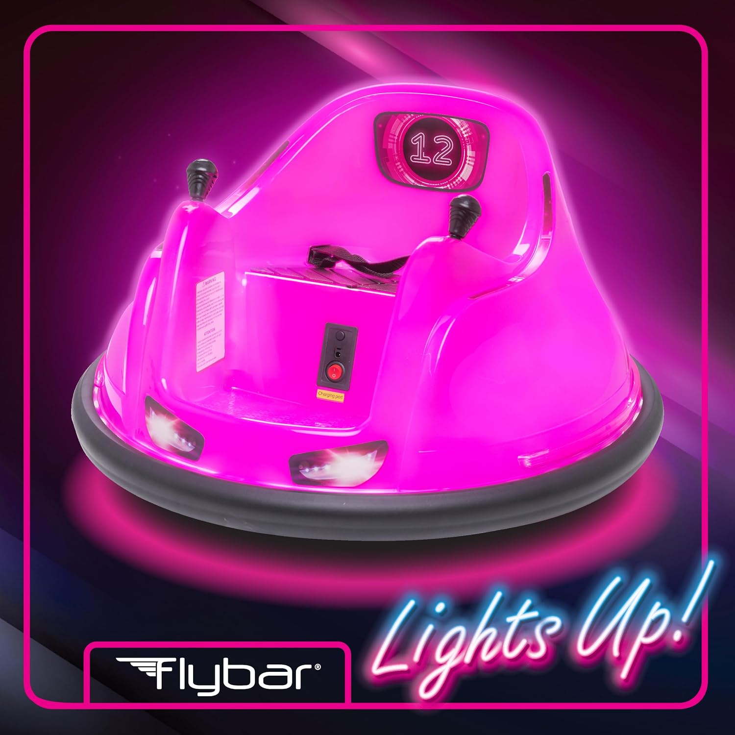 Flybar 6V Pink Glow Bumper Car for Kids – LED Ride-On Toy with 360° Spin, Rechargeable Battery, and Soft Rubber Bumpers – Safe Indoor Fun for Toddlers Ages 1.5+, Up to 66 lbs